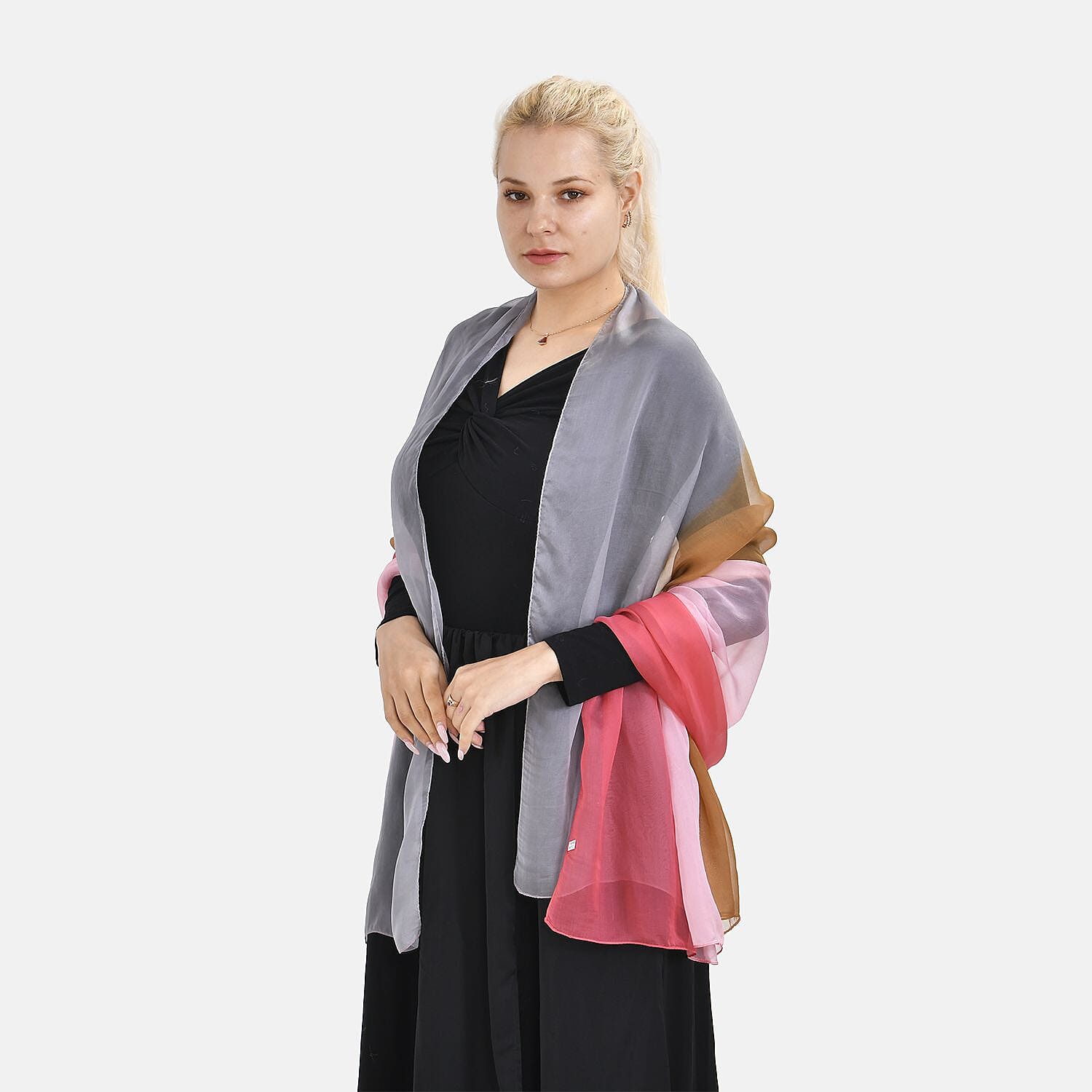 LA MAREY 100% Ombre Mulberry Silk Gradient Pattern Scarf - Pink & Red