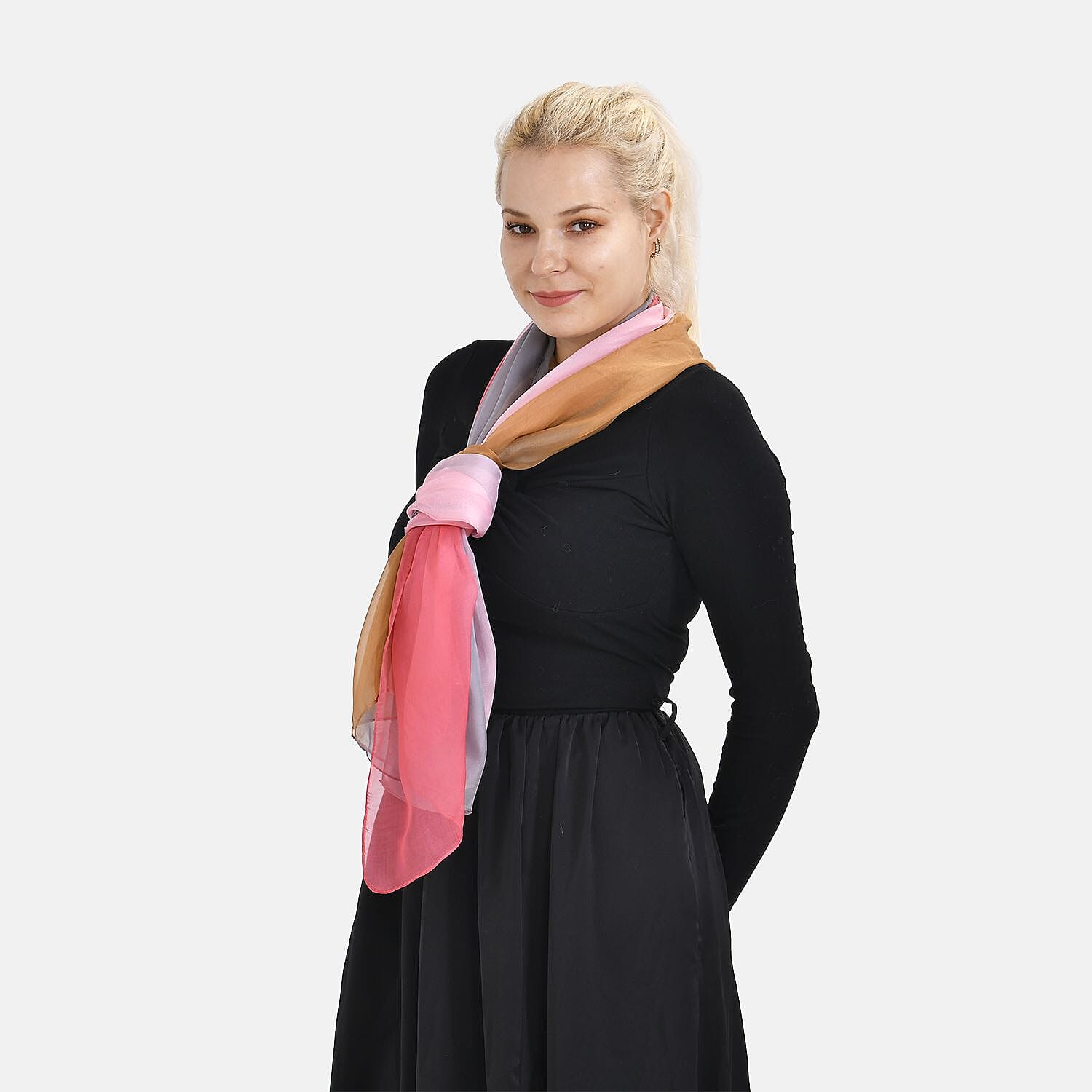 LA MAREY 100% Ombre Mulberry Silk Gradient Pattern Scarf - Pink & Red