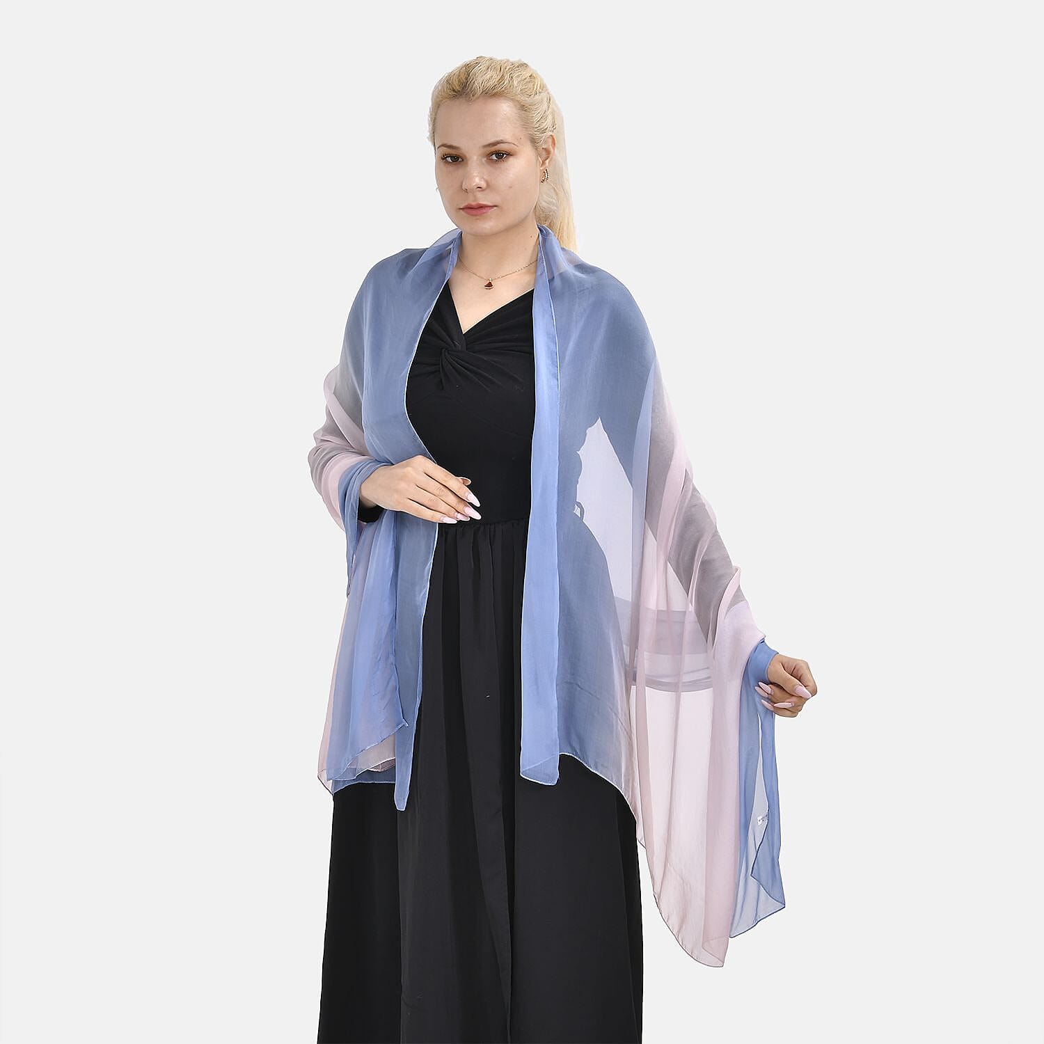 LA MAREY 100% Ombre Mulberry Silk Gradient Pattern Scarf (Size 180x110 cm) - White & Blue