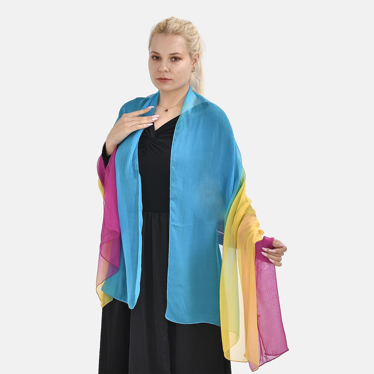 La Marey Mulberry Silk Ombre Scarf (Size 170x1 cm) - Green - Pink