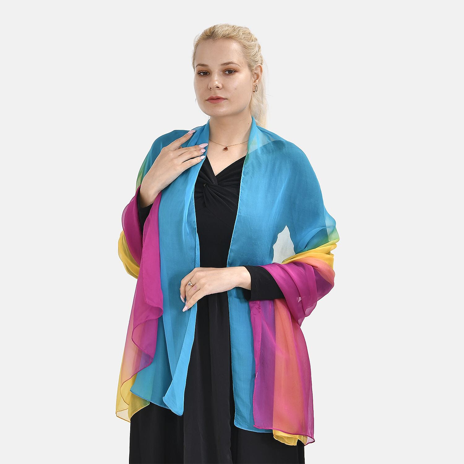 La Marey Mulberry Silk Ombre Scarf (Size 170x1 cm) - Green - Pink