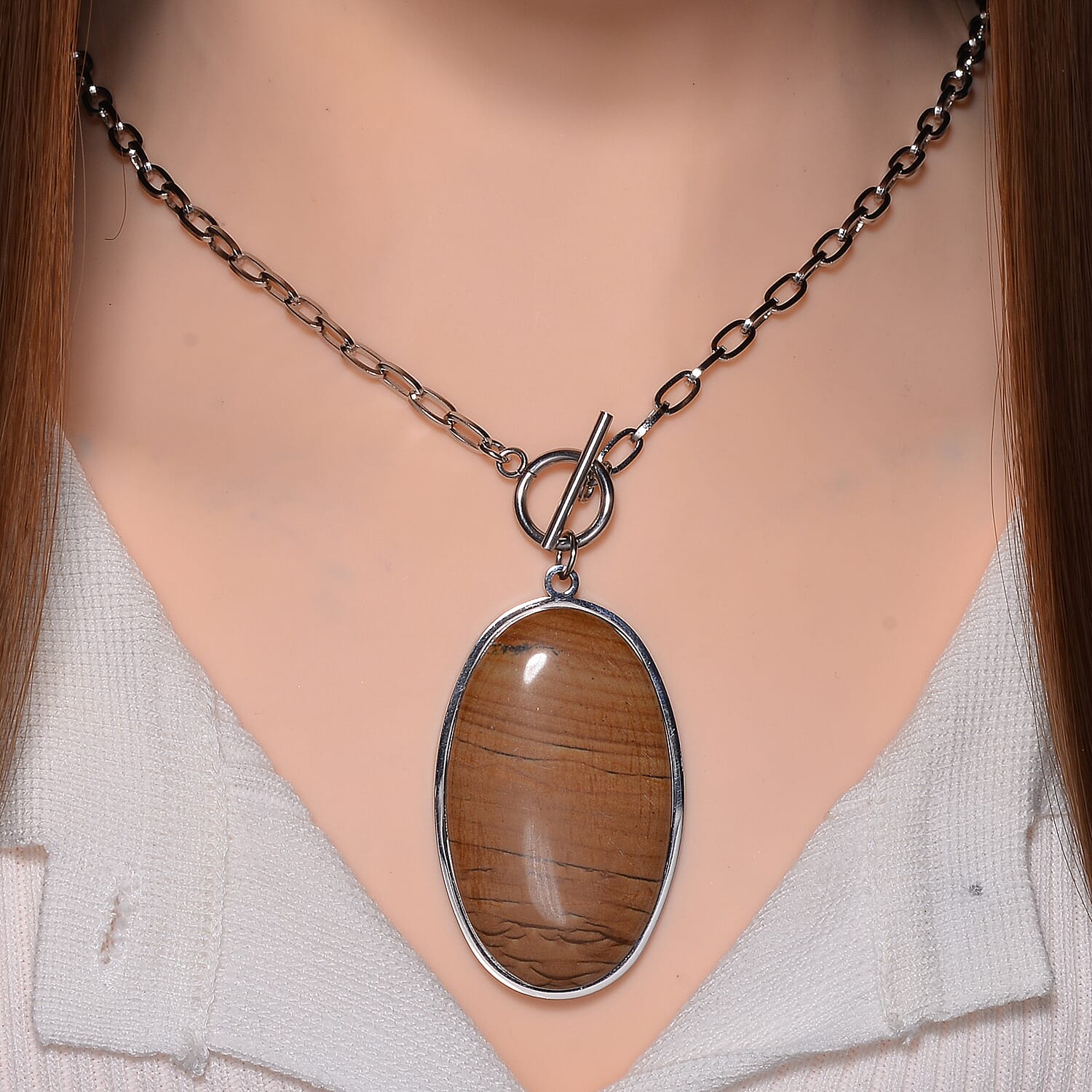 Oval Shape Picture Jasper Necklace (Size - 24) with T-Bar Clasp 50.00 Ct.
