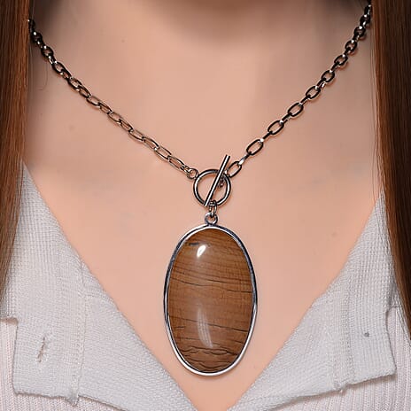 Oval Shape Picture Jasper Necklace (Size - 24) with T-Bar Clasp 50.00 Ct.