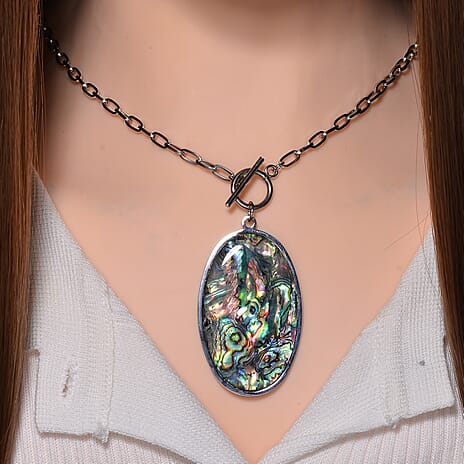 Close Out Deal - Oval Shape Abalone Shell Necklace (Size - 24) with T-Bar Clasp