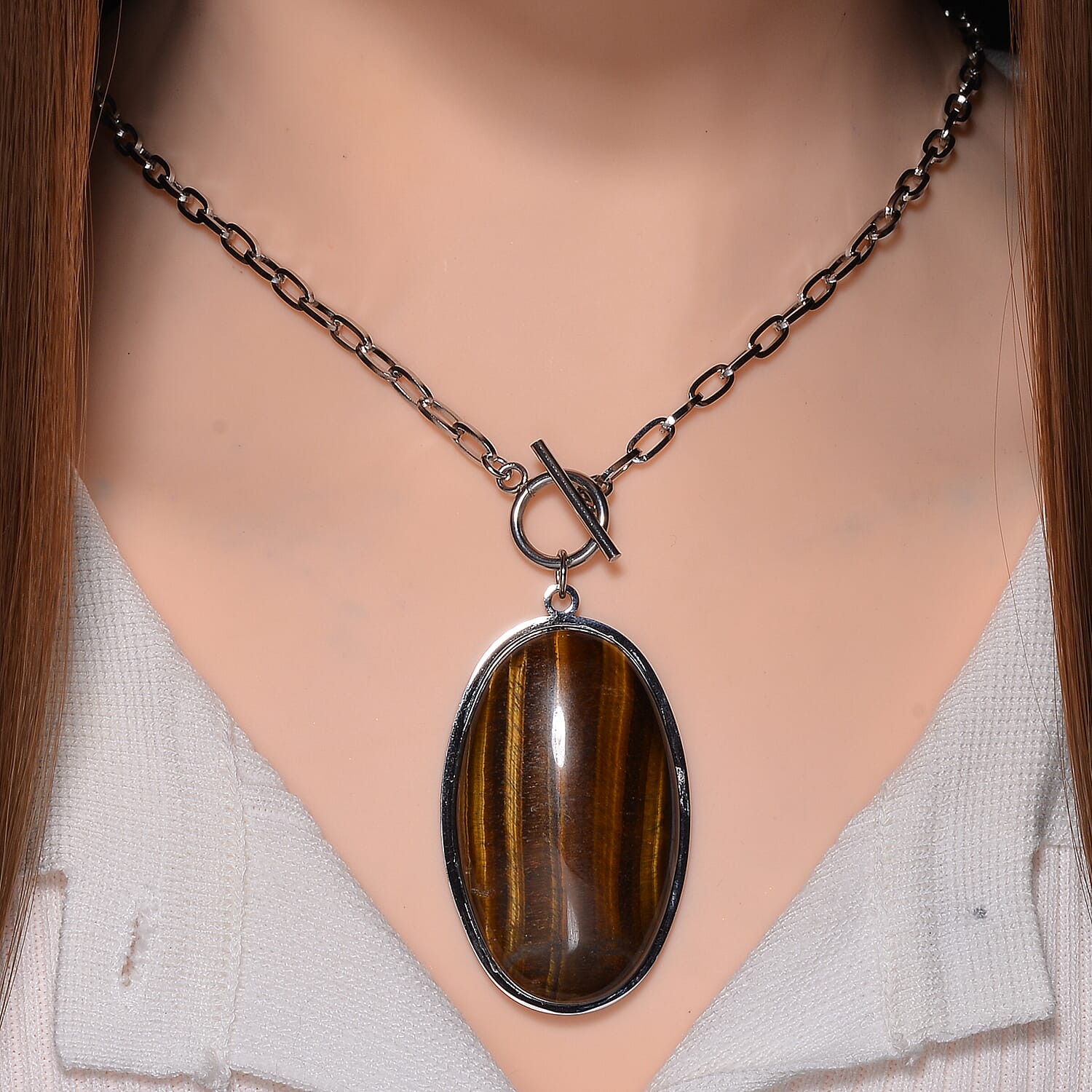 Oval Shape Yellow Tigers Eye Necklace (Size - 24) with T-Bar Clasp 50.00 Ct.