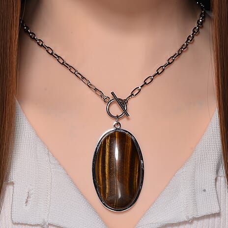Oval Shape Yellow Tigers Eye Necklace (Size - 24) with T-Bar Clasp 50.00 Ct.
