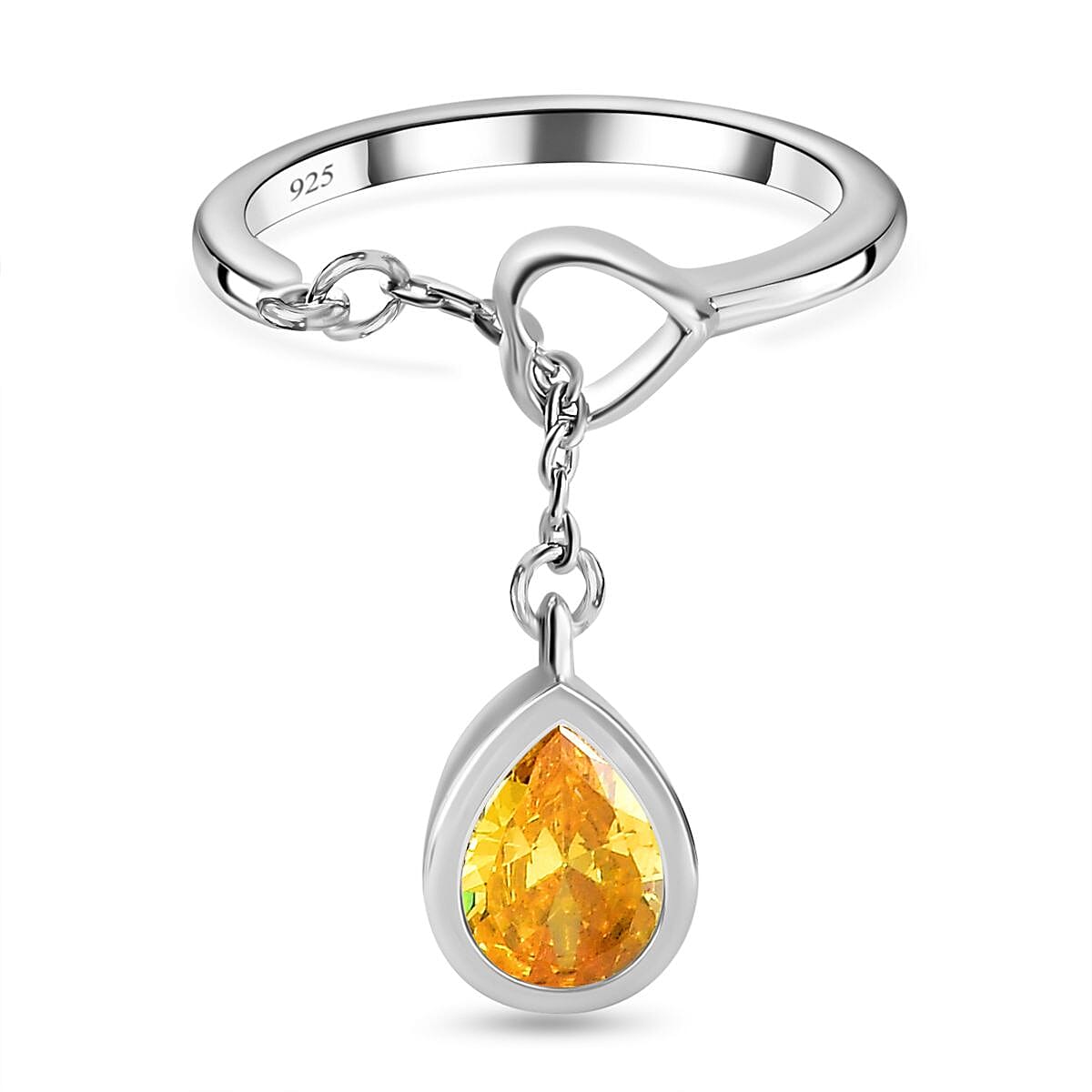 Yellow Cubic Zirconia Dangle Charm Ring in Platinum Overlay Sterling Silver 2.00 Ct.