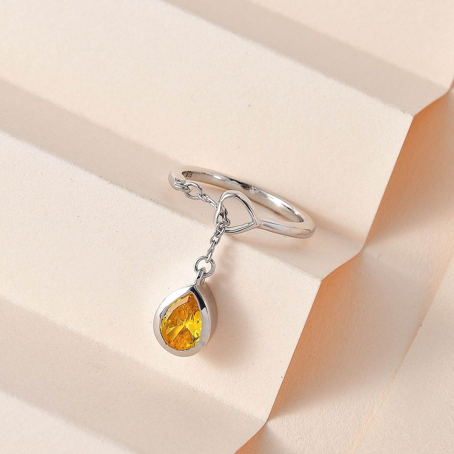 Yellow Cubic Zirconia Dangle Charm Ring in Platinum Overlay Sterling Silver 2.00 Ct.