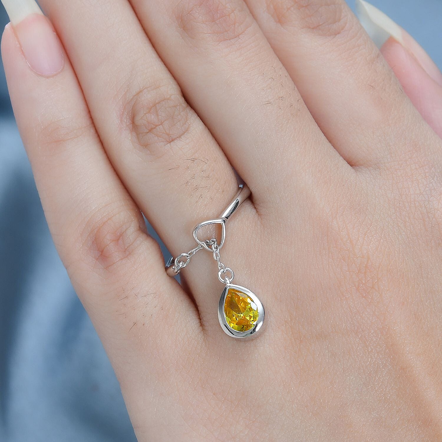 Yellow Cubic Zirconia Dangle Charm Ring in Platinum Overlay Sterling Silver 2.00 Ct.