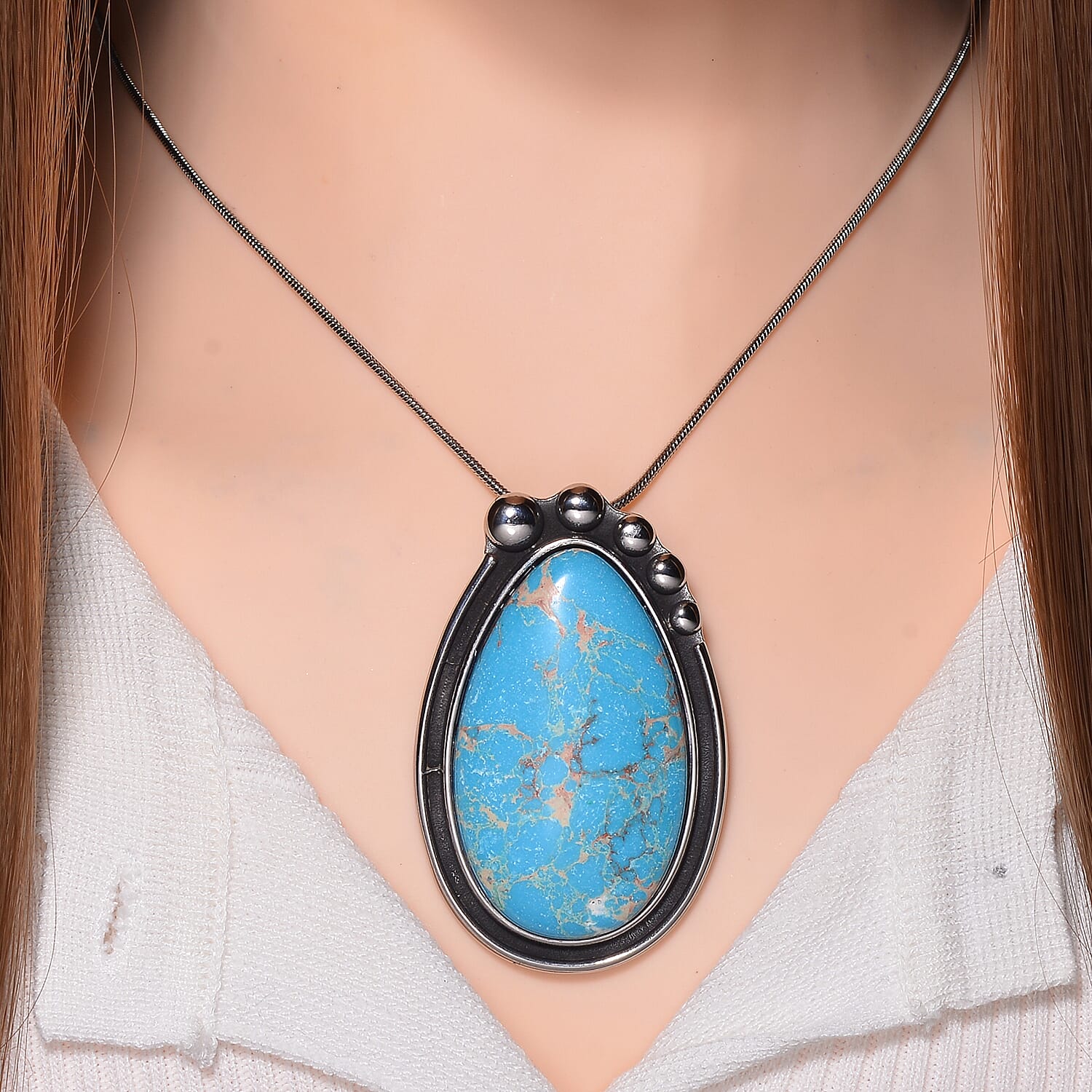 Pear Shape Blue Imperial Jasper Necklace (Size - 24 - 4 Ext) with Oxidized 50.00 Ct.