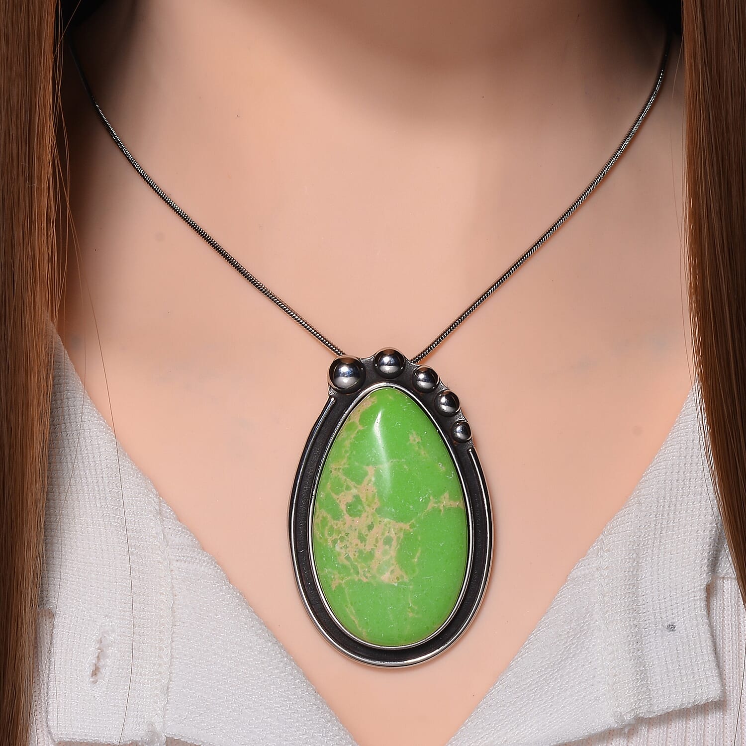 Green Imperial Jasper Pear Necklace (Size - 24 - 4 Ext) 50.00 Ct.