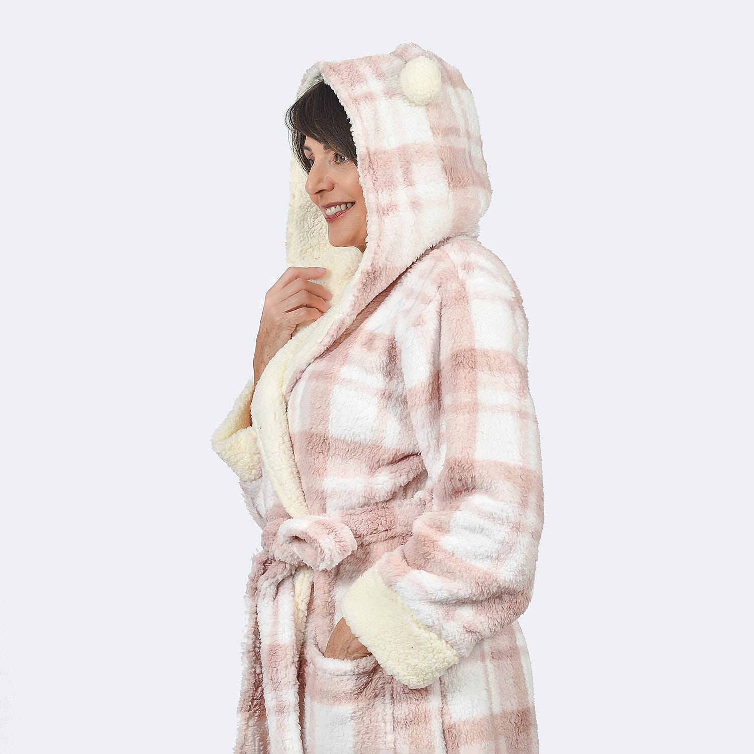 Luxury Range - Check Pattern Sherpa Trim Hooded Robe with Belt (Size 8-10) - Pink