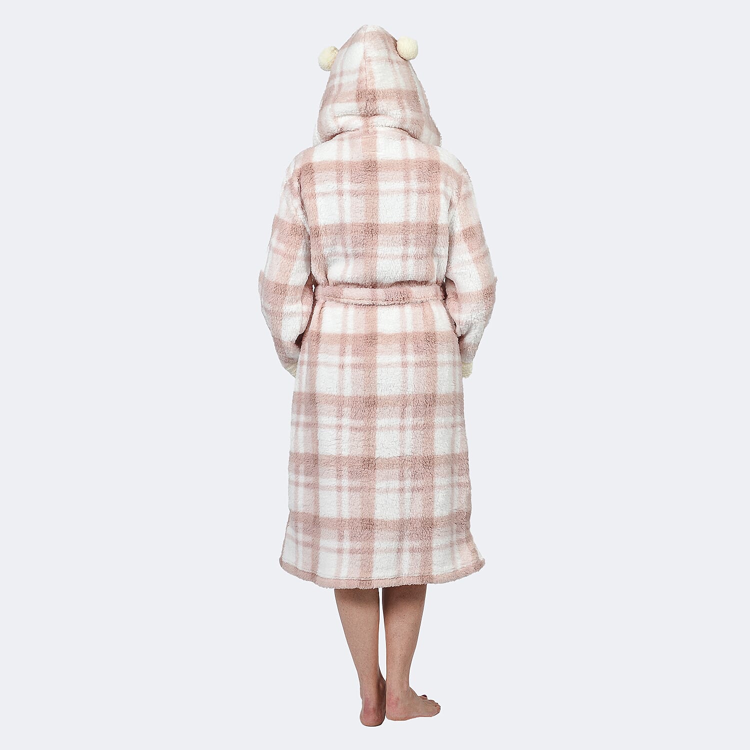 Luxury Range - Check Pattern Sherpa Trim Hooded Robe with Belt (Size 8-10) - Pink