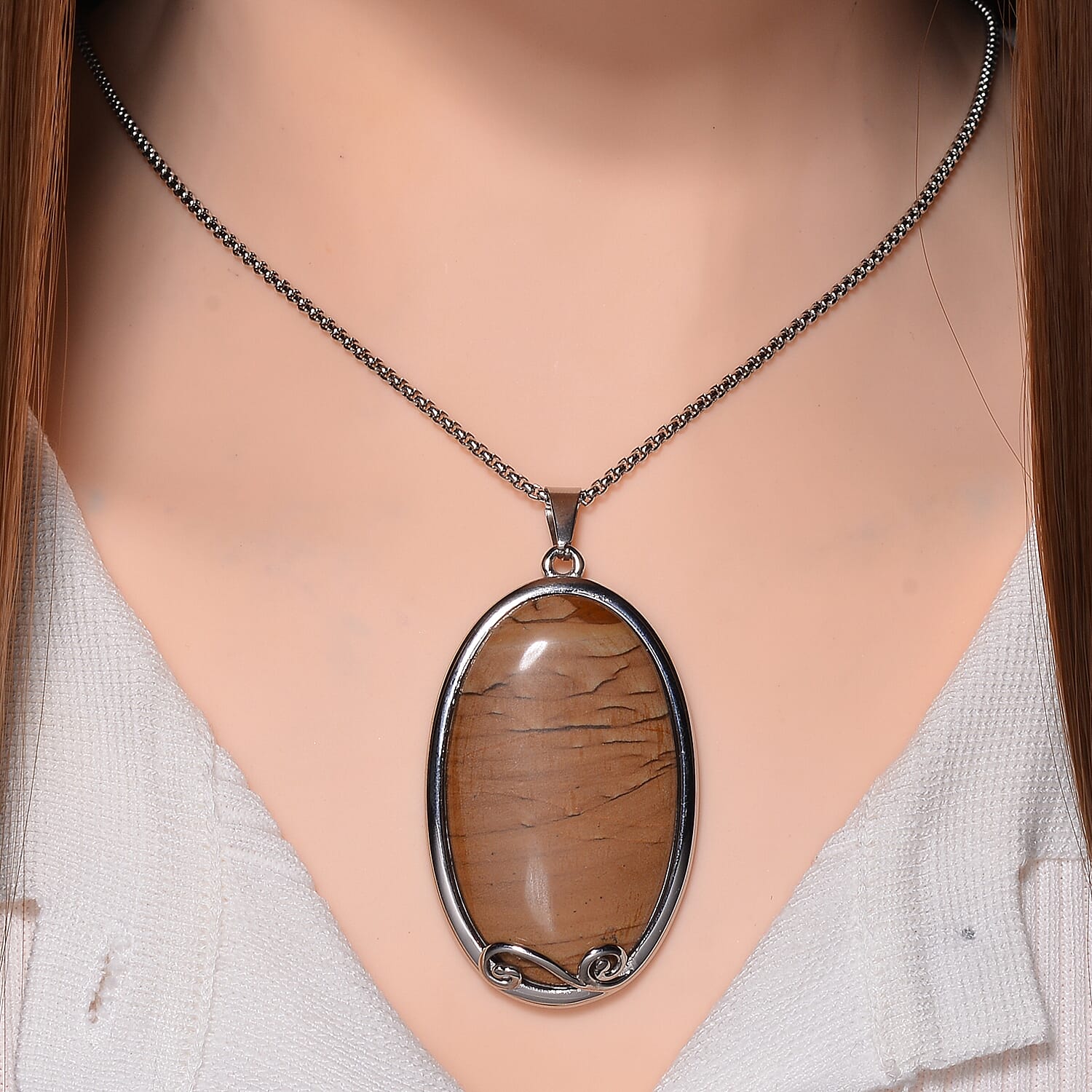 Picture Jasper Oval Shape Necklace (Size - 24 - 4) with Lobster Clasp 40.00 Ct.