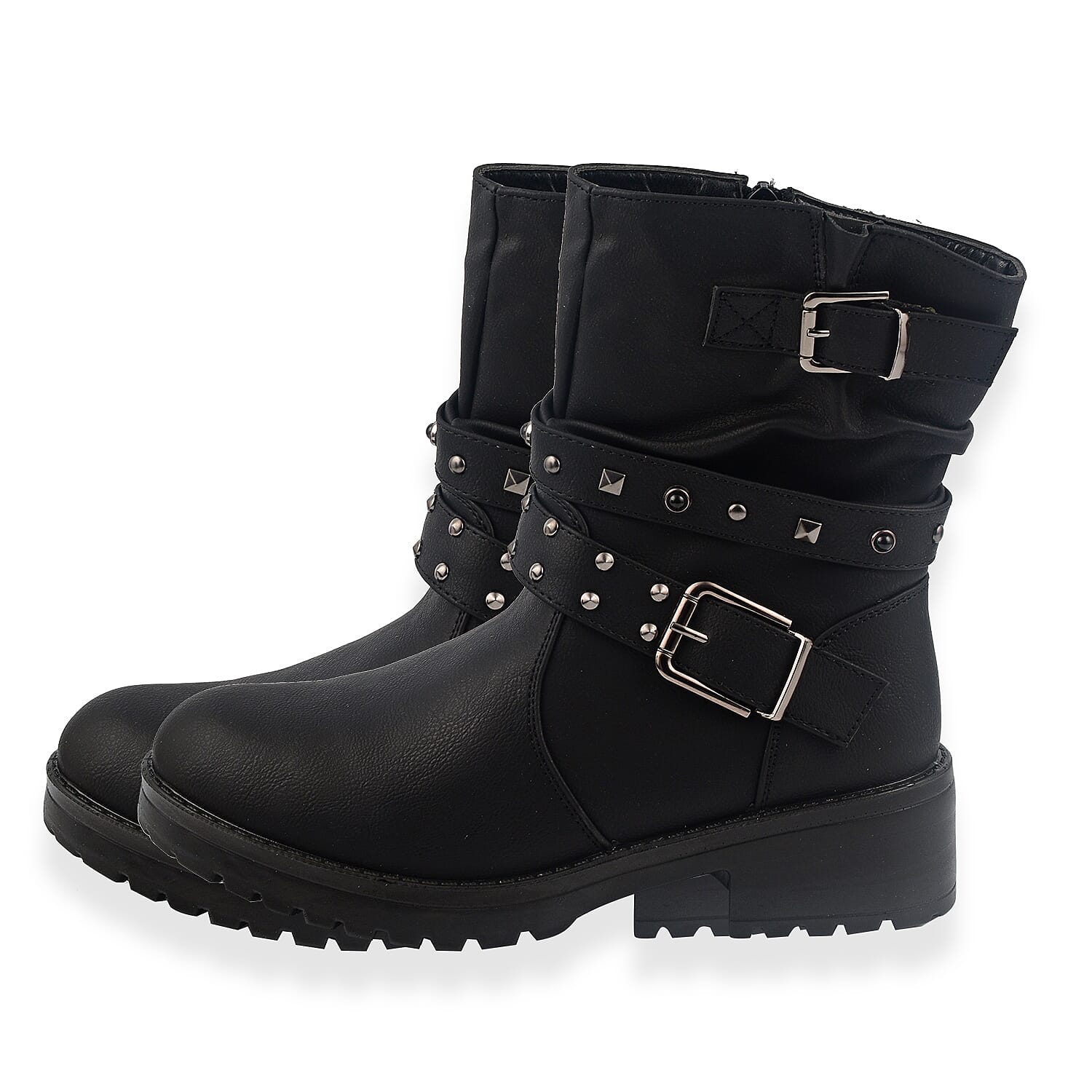 Ladies Leatherette Easy Zip Up Decorative Studded Strap Chunky Ankle Boots - Black
