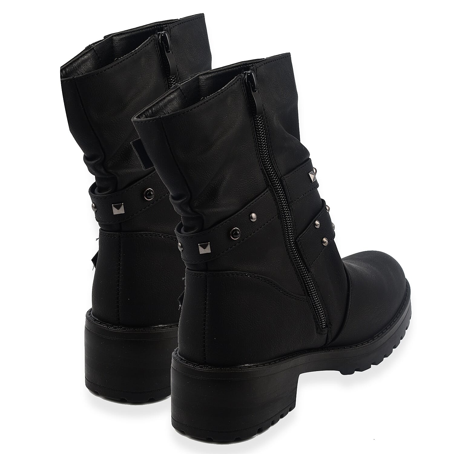 Ladies Leatherette Easy Zip Up Decorative Studded Strap Chunky Ankle Boots - Black
