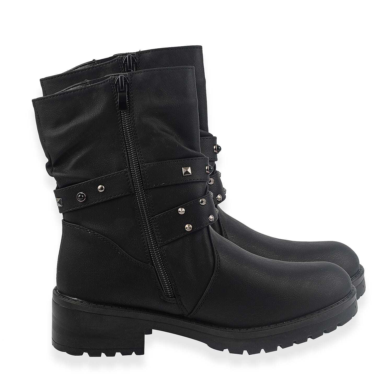 Ladies Leatherette Easy Zip Up Decorative Studded Strap Chunky Ankle Boots - Black
