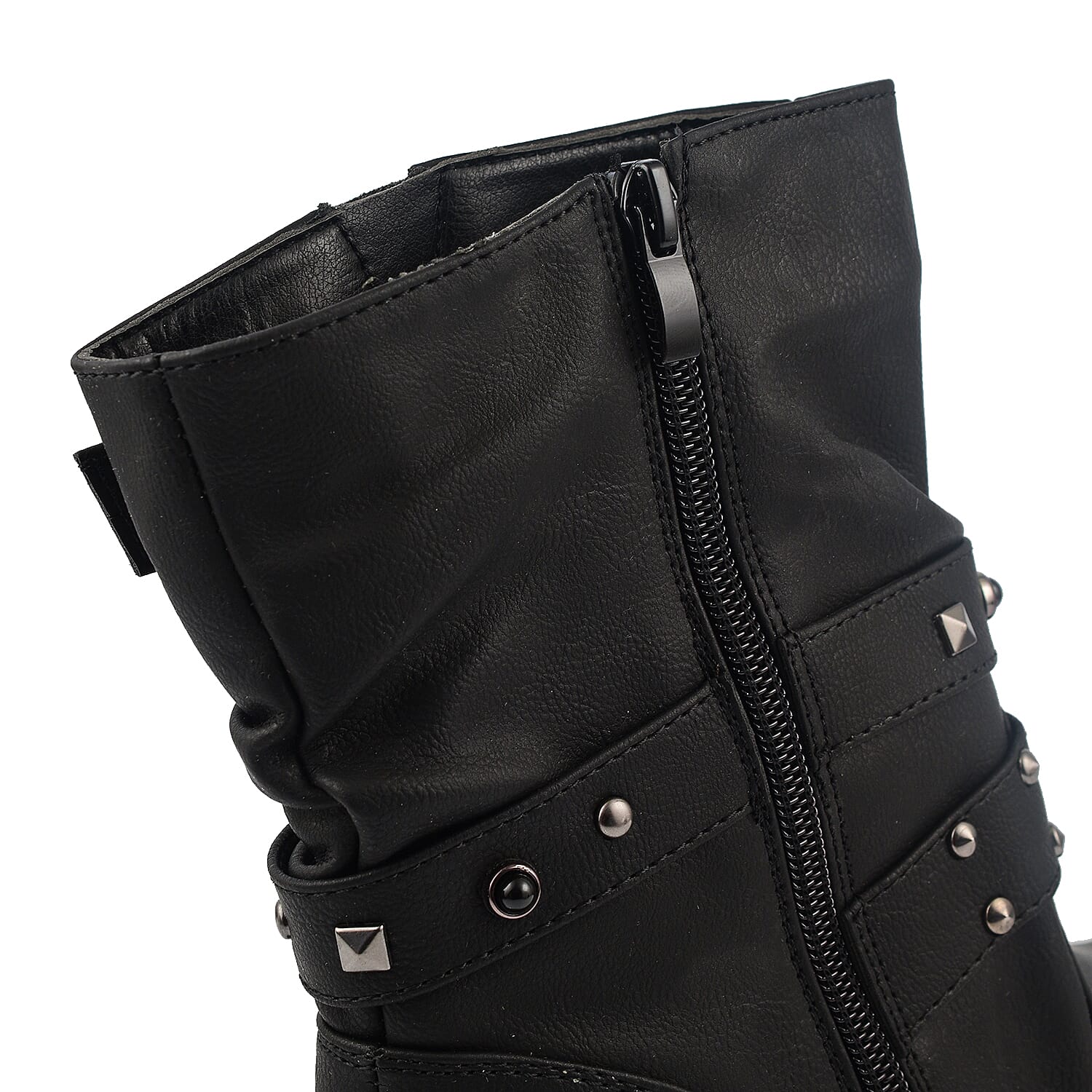 Ladies Leatherette Easy Zip Up Decorative Studded Strap Chunky Ankle Boots - Black