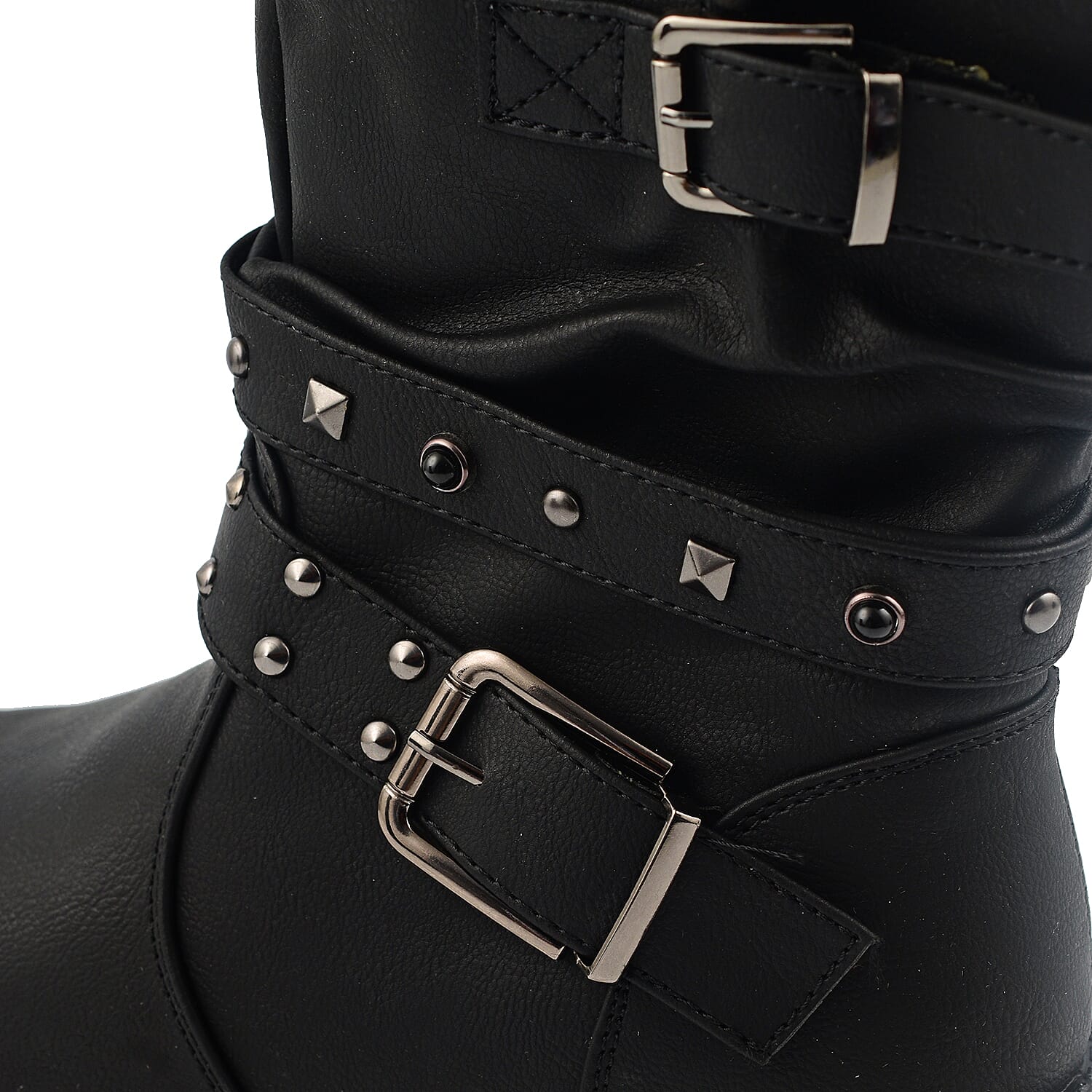 Ladies Leatherette Easy Zip Up Decorative Studded Strap Chunky Ankle Boots - Black