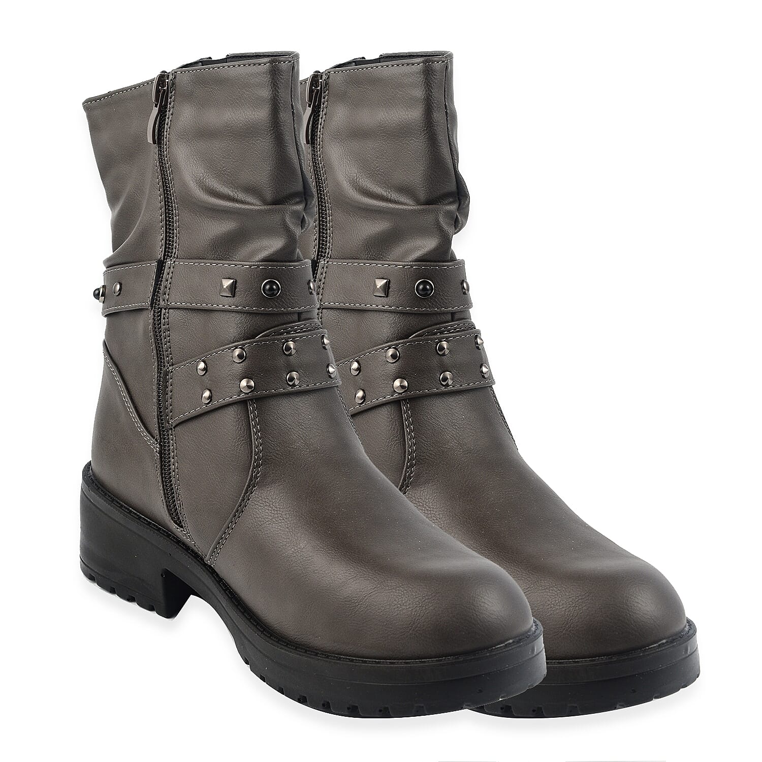 Ladies Leatherette Easy Zip Up Decorative Studded Strap Chunky Ankle Boots (Size 4) - Grey