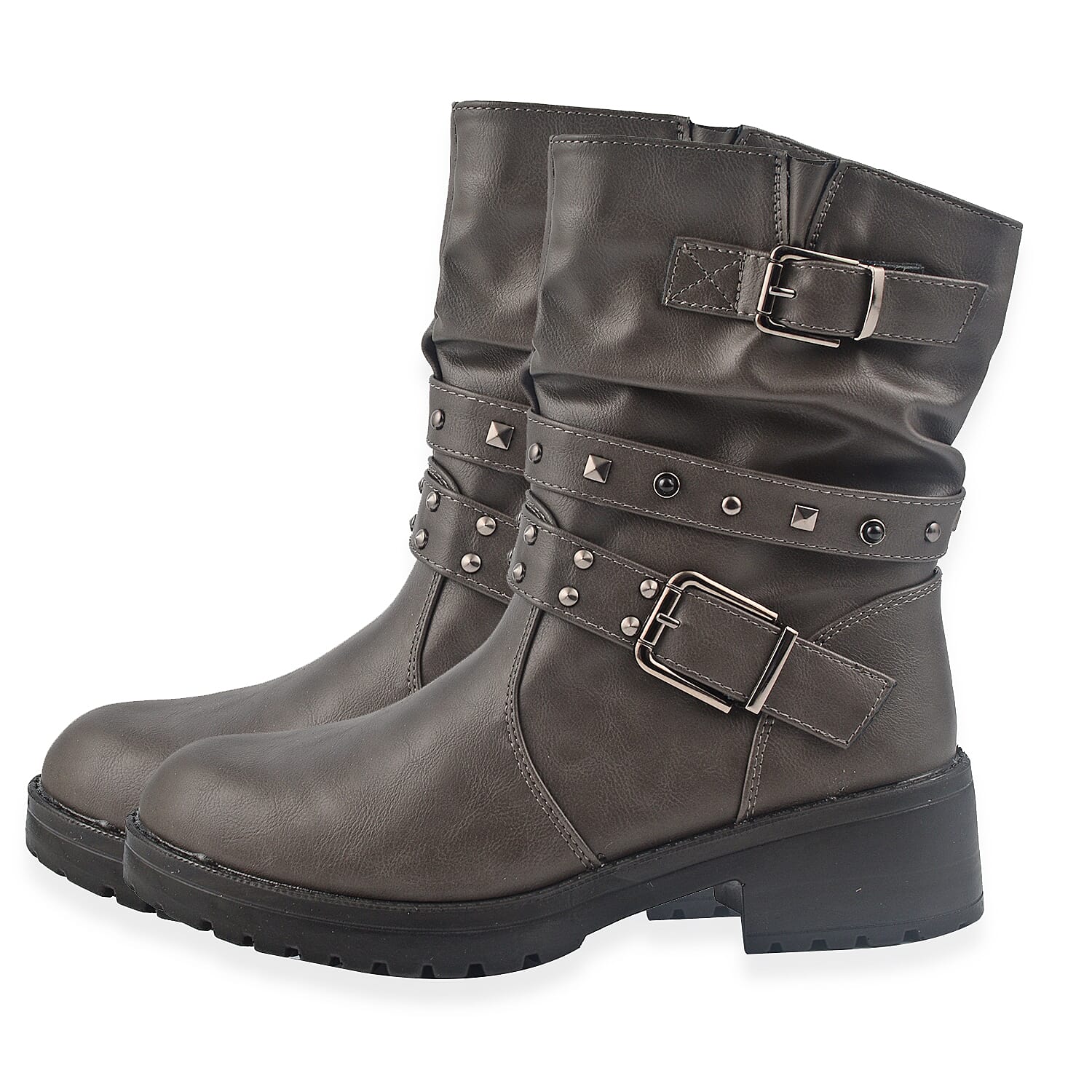 Ladies Leatherette Easy Zip Up Decorative Studded Strap Chunky Ankle Boots (Size 4) - Grey