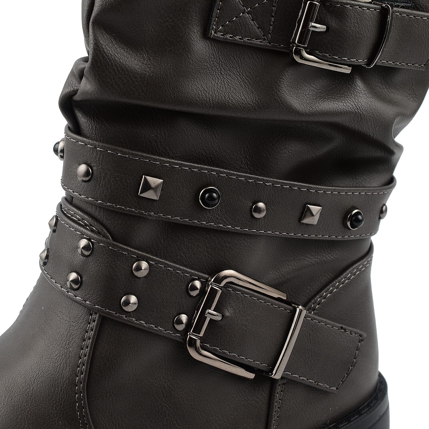 Ladies Leatherette Easy Zip Up Decorative Studded Strap Chunky Ankle Boots - Black