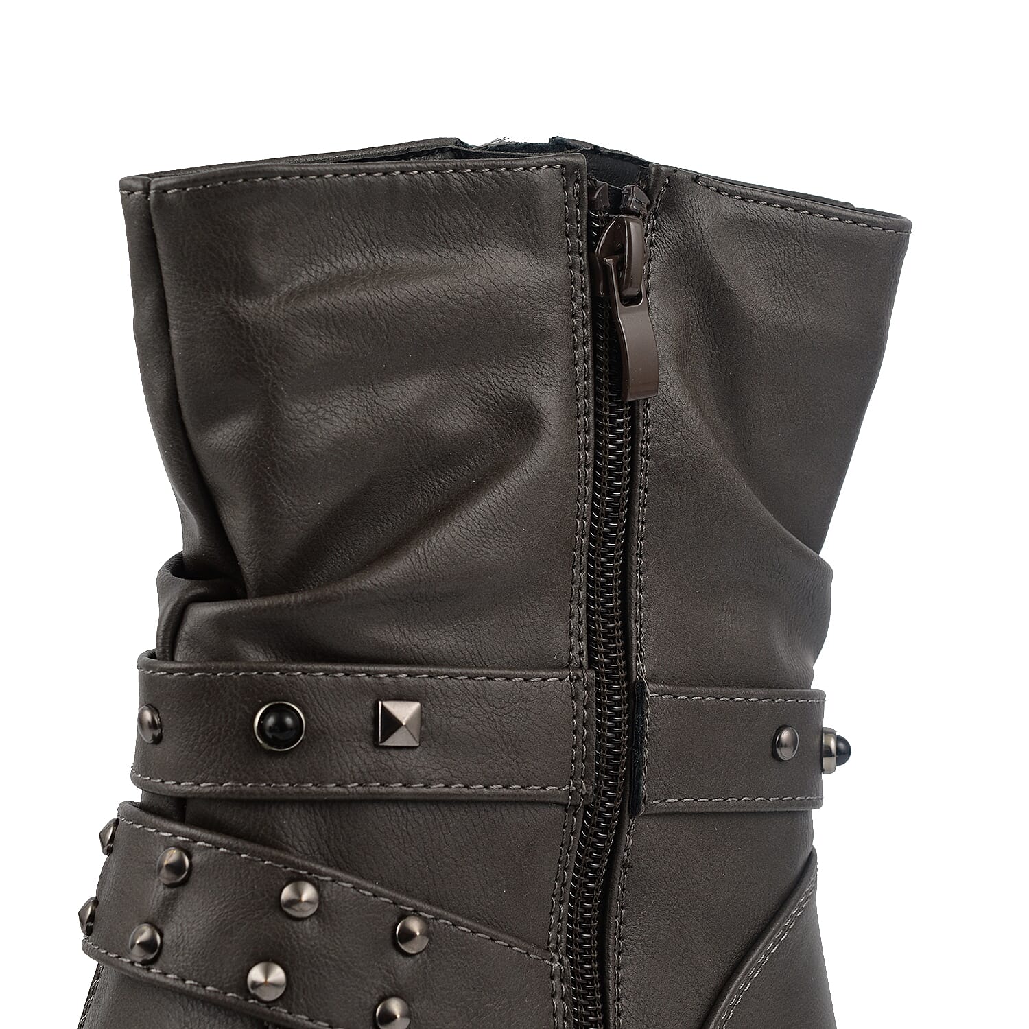 Ladies Leatherette Easy Zip Up Decorative Studded Strap Chunky Ankle Boots - Black