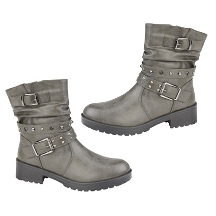 Ladies Leatherette Easy Zip Up Decorative Studded Strap Chunky Ankle Boots (Size 8) - Grey