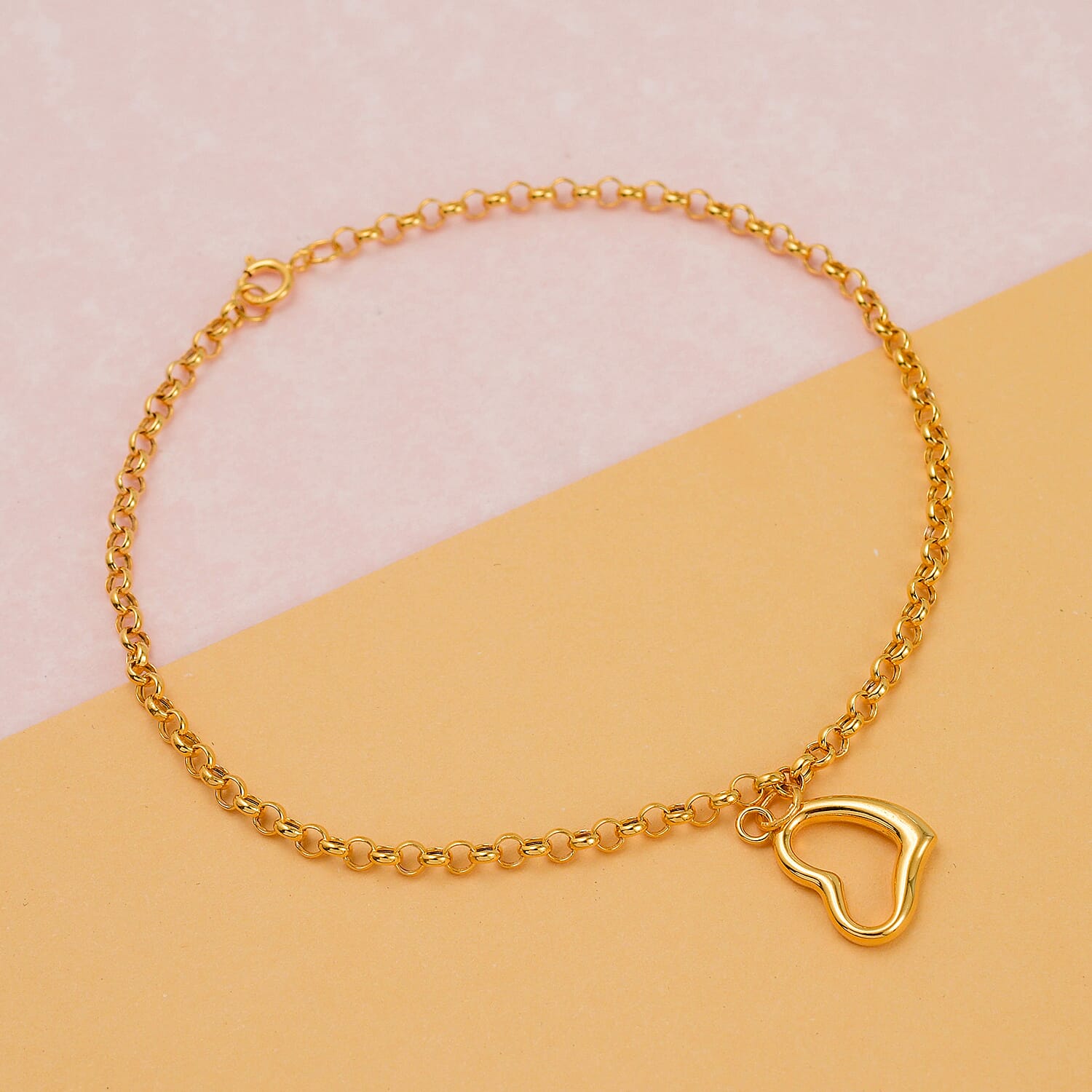 Hatton Garden Closeout - 9K Yellow Gold Floating Open Heart Charm Bracelet (Size - 7.25)