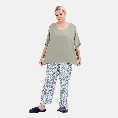 New Launch LA MAREY Loungewear Sets (Short Sleeves Top with Printed Trousers)  - Green (Size L)