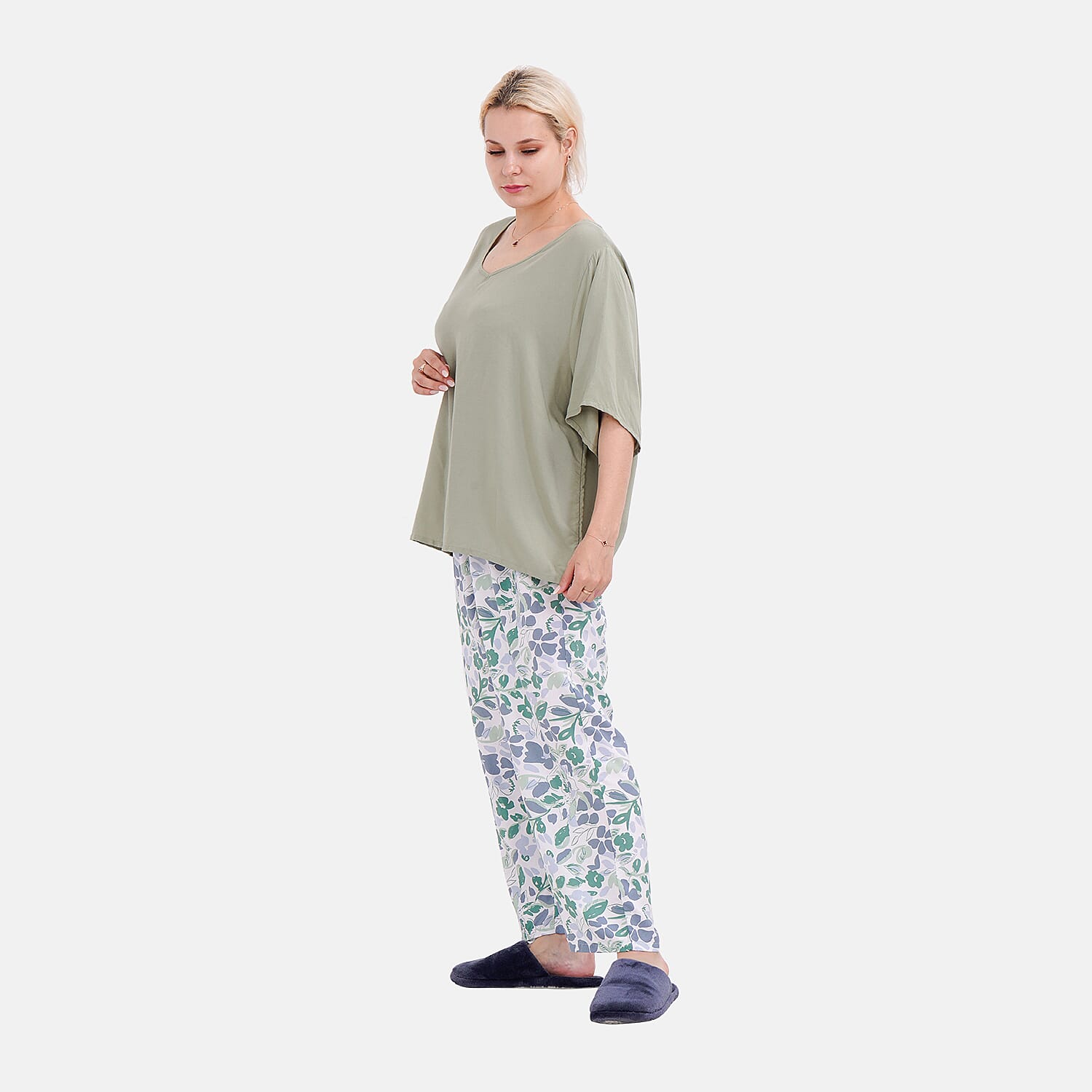 New Launch LA MAREY Loungewear Sets (Short Sleeves Top with Printed Trousers)  - Green (Size L)