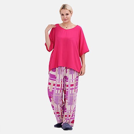 100% Viscose Loungewear Sets (Short Sleeves Top with Patchwork Printed Trousers) - Purple & Multi (Size L)