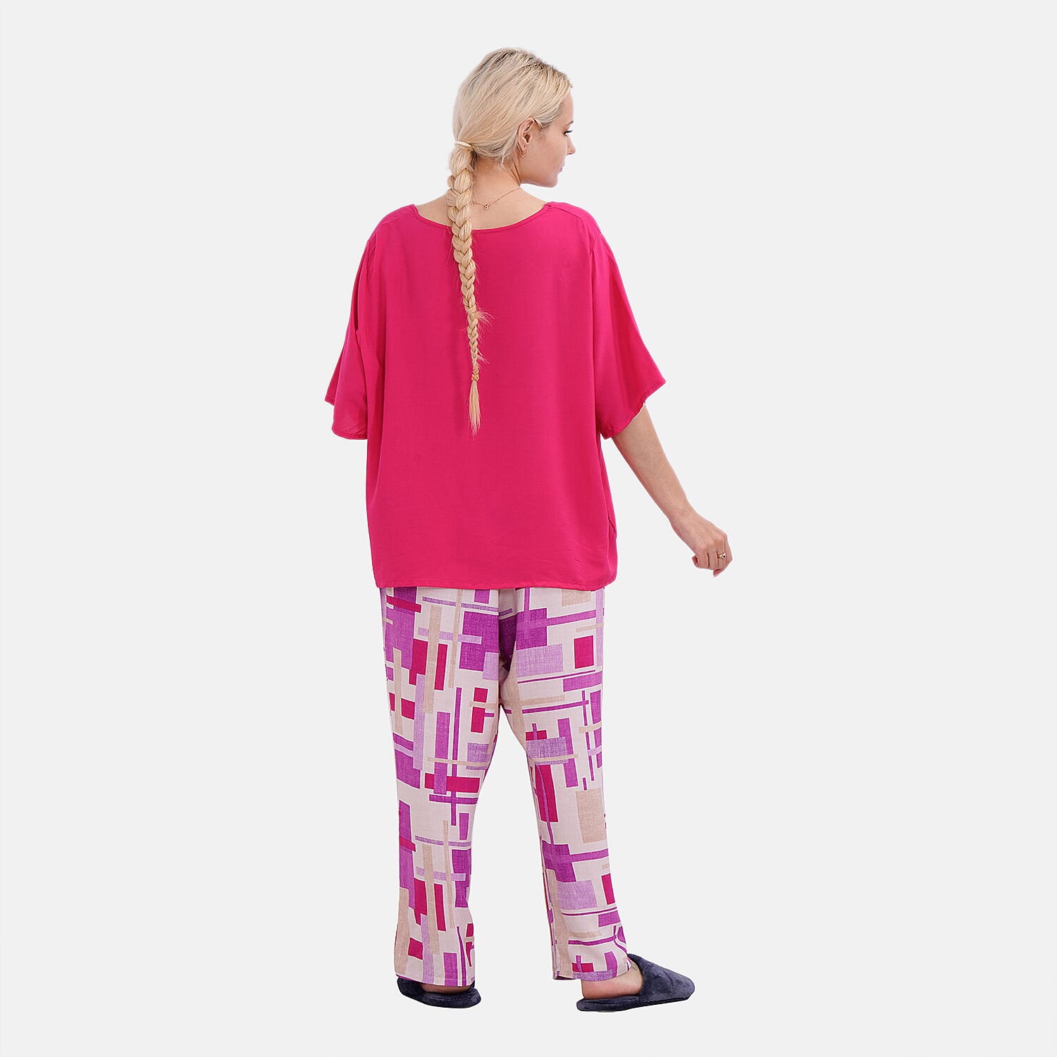 LA MAREY 100% Viscose Loungewear Sets (Short Sleeves Top with Patchwork Printed Trousers) - Purple & Multi (Size L)