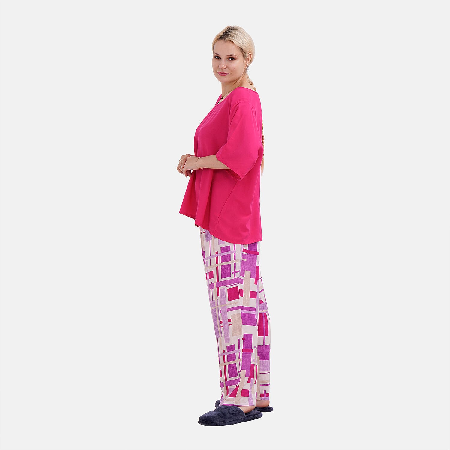 LA MAREY 100% Viscose Loungewear Sets (Short Sleeves Top with Patchwork Printed Trousers) - Purple & Multi (Size L)