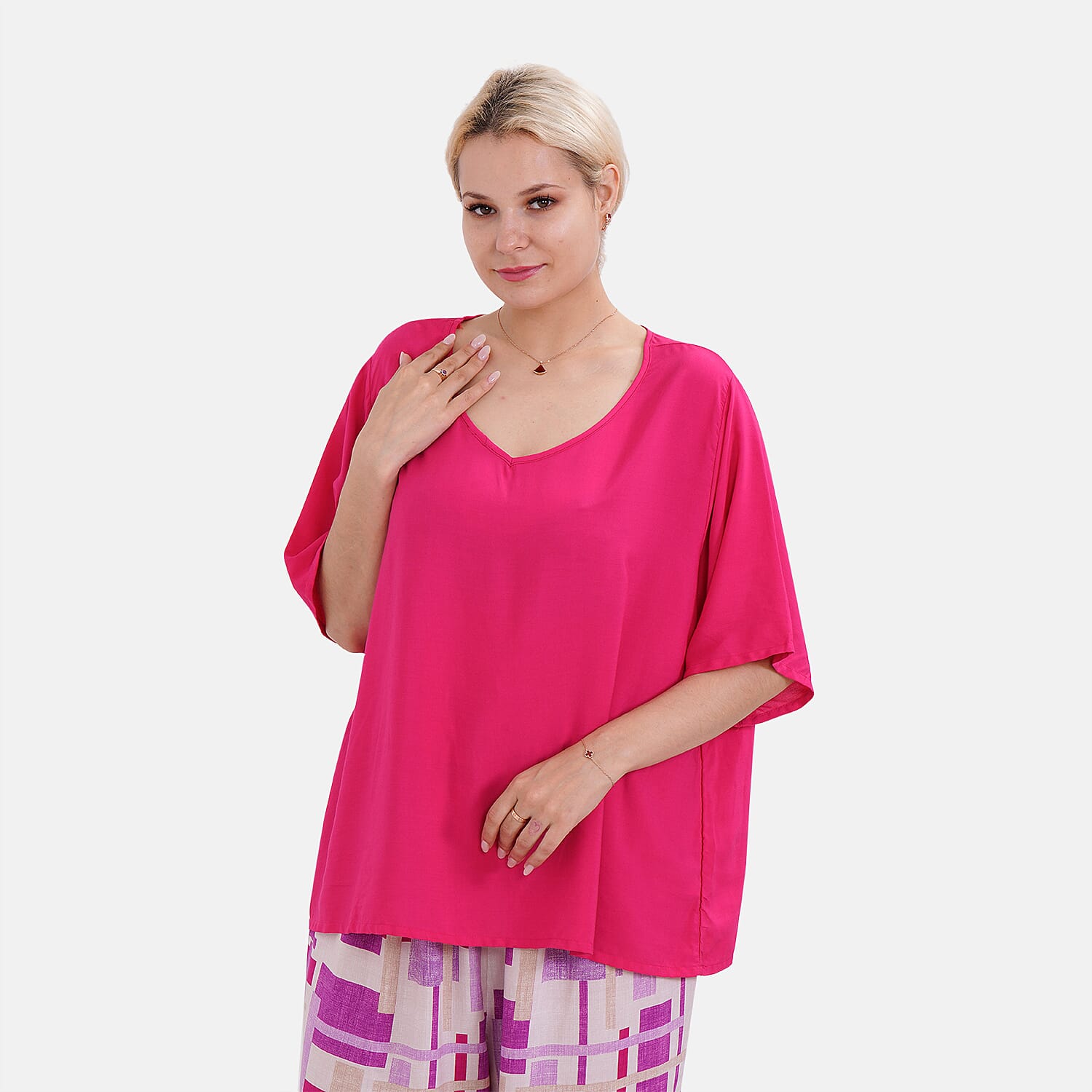 LA MAREY 100% Viscose Loungewear Sets (Short Sleeves Top with Patchwork Printed Trousers) - Purple & Multi (Size L)