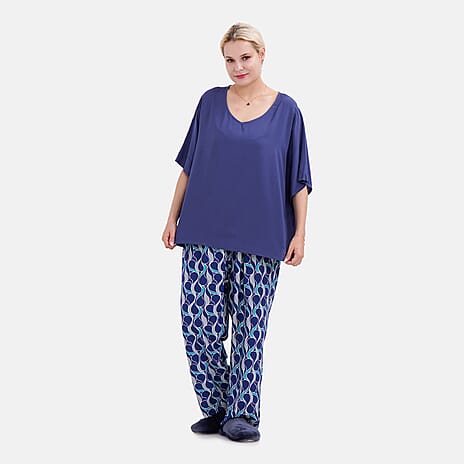 New Launch LA MAREY Loungewear Sets (Short Sleeves Top with Printed Trousers) - Dark Blue (Size L)