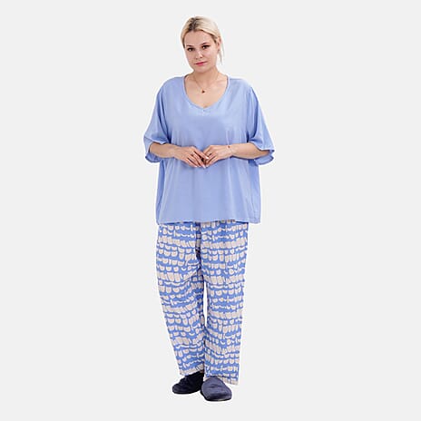 LA MAREY 100% Viscose Loungewear Sets (Short Sleeves Top with Irregular Pattern Trousers) - Light Blue (Size M)