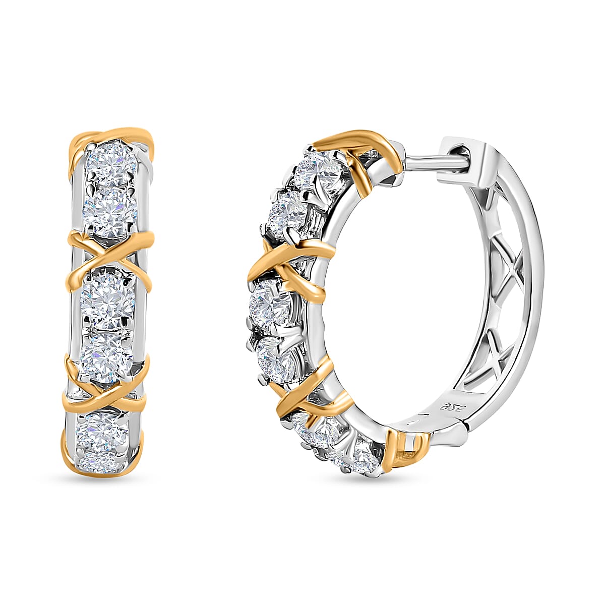 Moissanite Hoop Earrings with Clasp in Two Tone Plated Sterling Silver 1.25 Ct. Silver Wt. 5.85 Gms.
