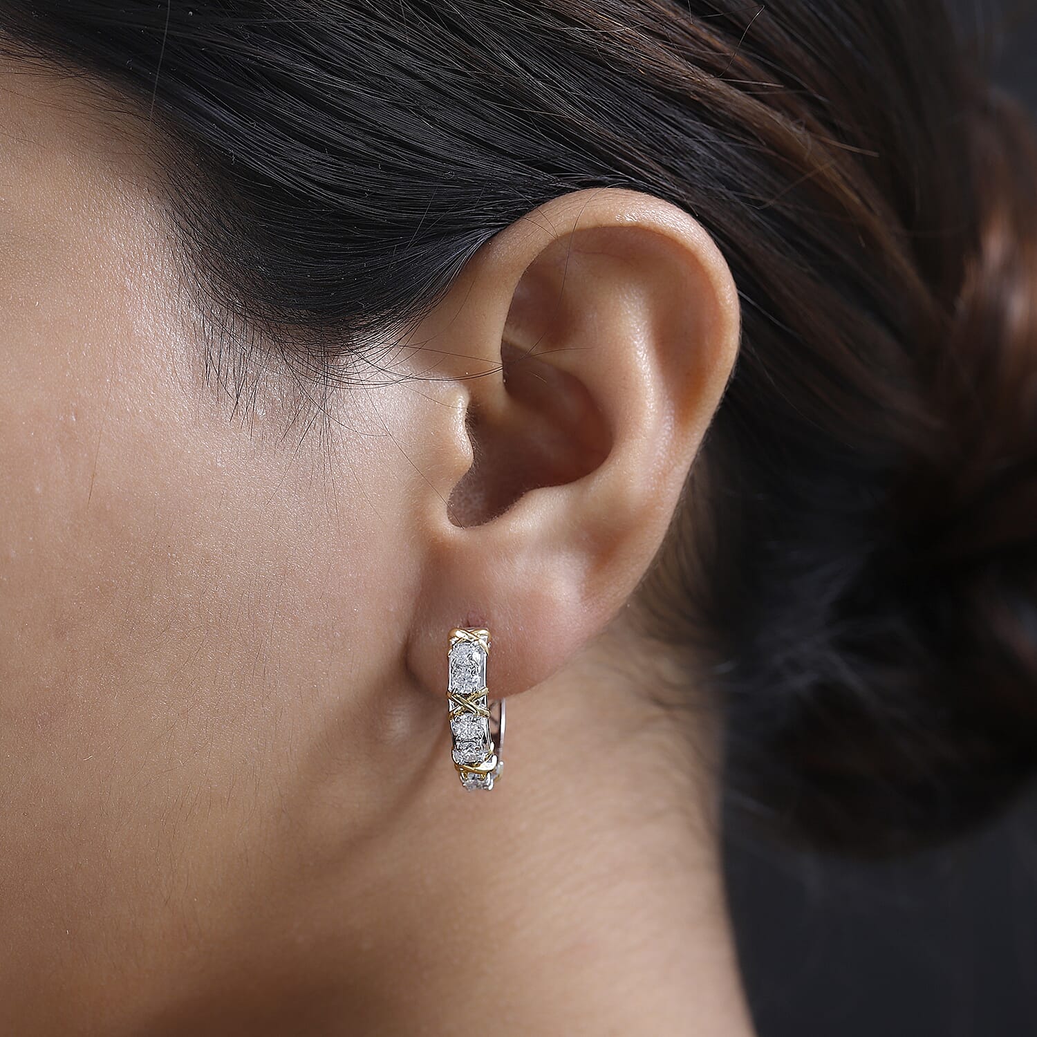 Moissanite Hoop Earrings with Clasp in Two Tone Plated Sterling Silver 1.25 Ct. Silver Wt. 5.85 Gms.