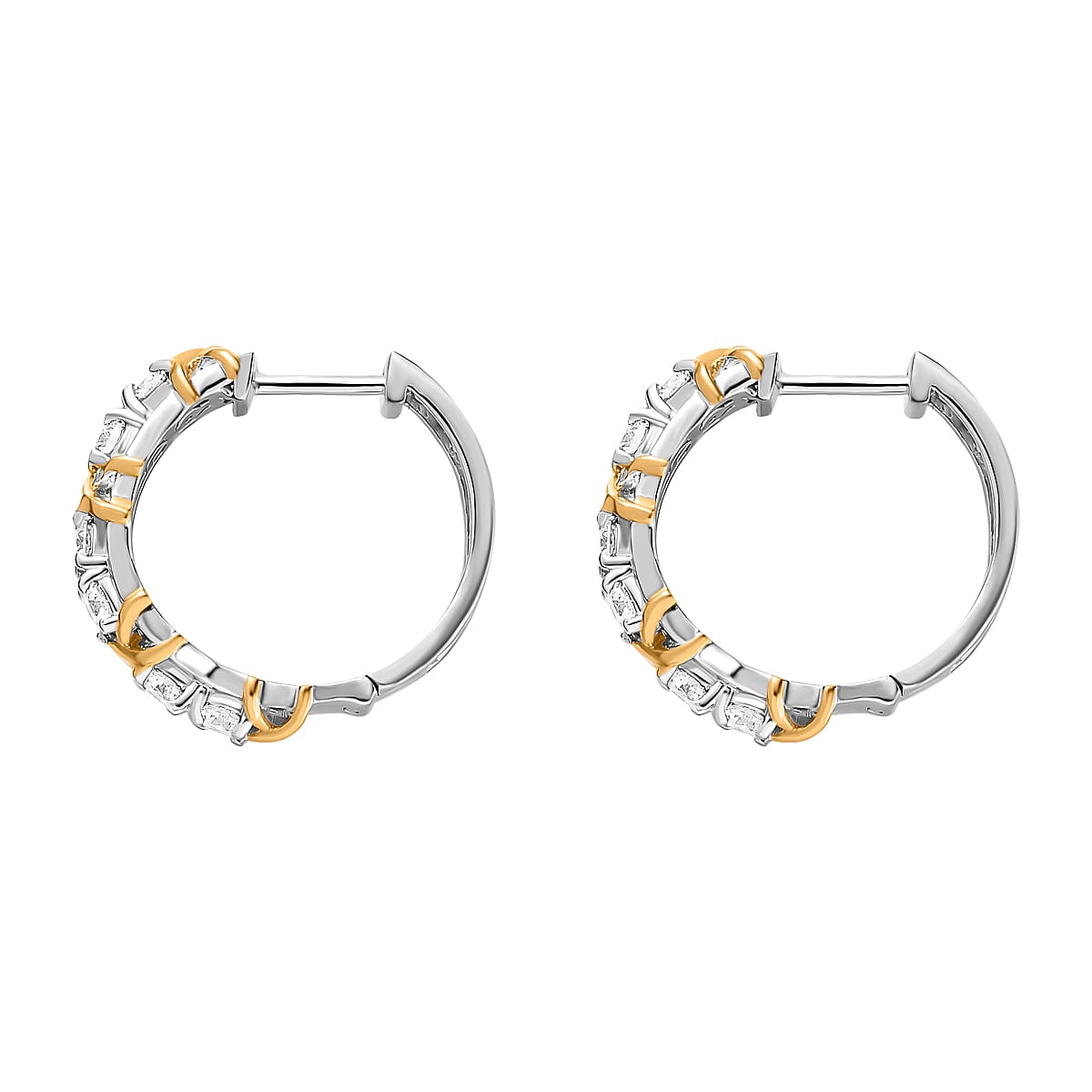 Moissanite Hoop Earrings with Clasp in Two Tone Plated Sterling Silver 1.25 Ct. Silver Wt. 5.85 Gms.