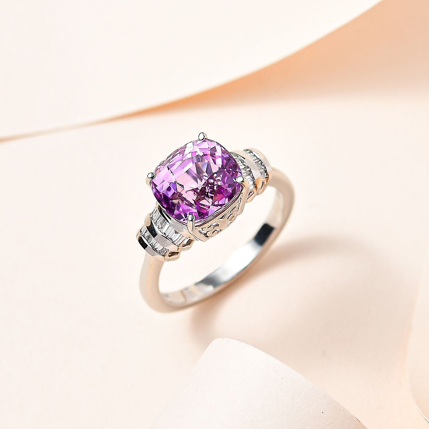 RHAPSODY- 950 Platinum AAAA Patroke Kunzite Diamond Ring 5.62 Ct, Platinum Wt. 5.95 GM