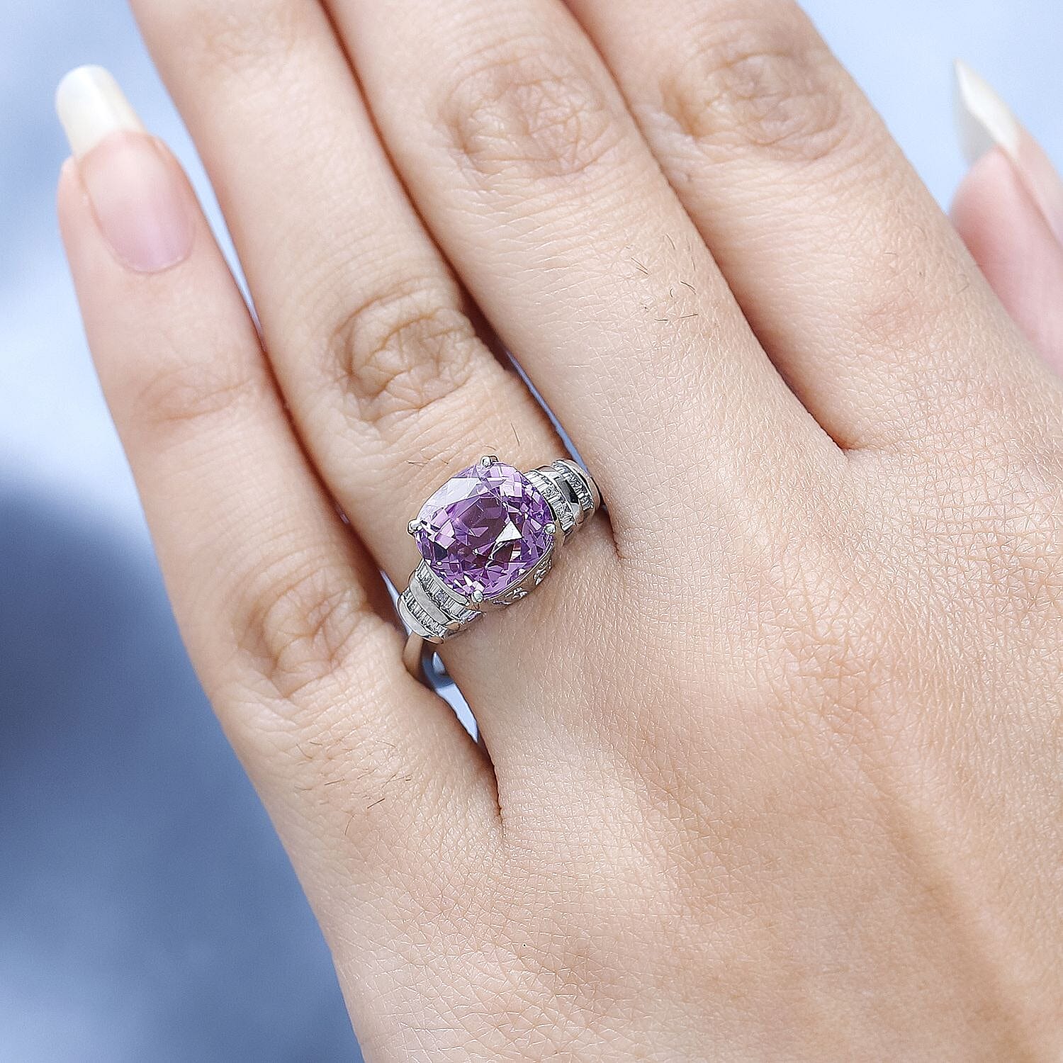 RHAPSODY- 950 Platinum AAAA Patroke Kunzite Diamond Ring 5.62 Ct, Platinum Wt. 5.95 GM