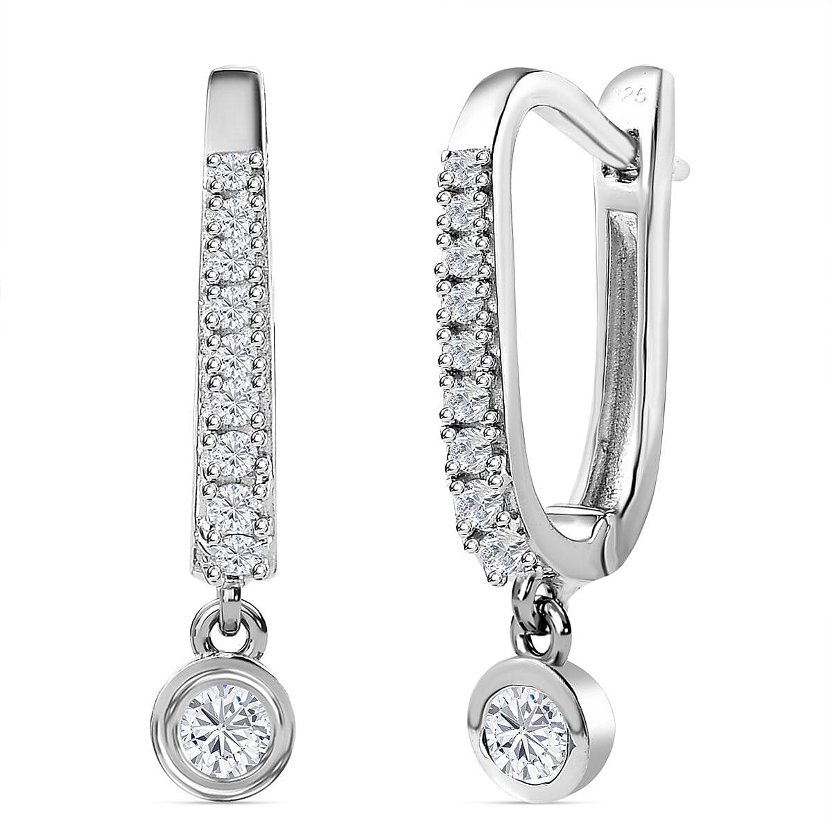 Moissanite Drop Dangle Hoop Earrings in Platinum Overlay Sterling Silver