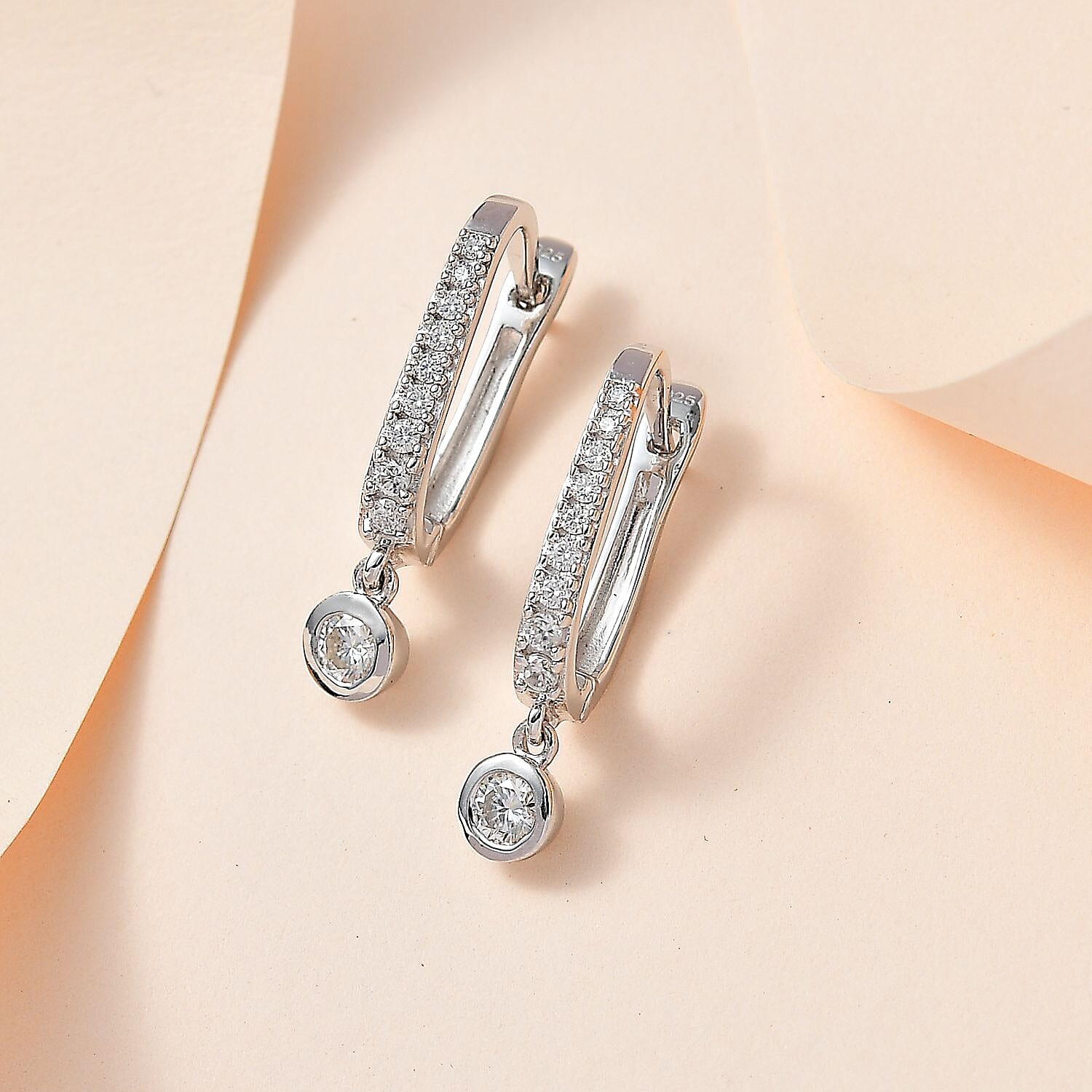 Moissanite Drop Dangle Hoop Earrings in Platinum Overlay Sterling Silver