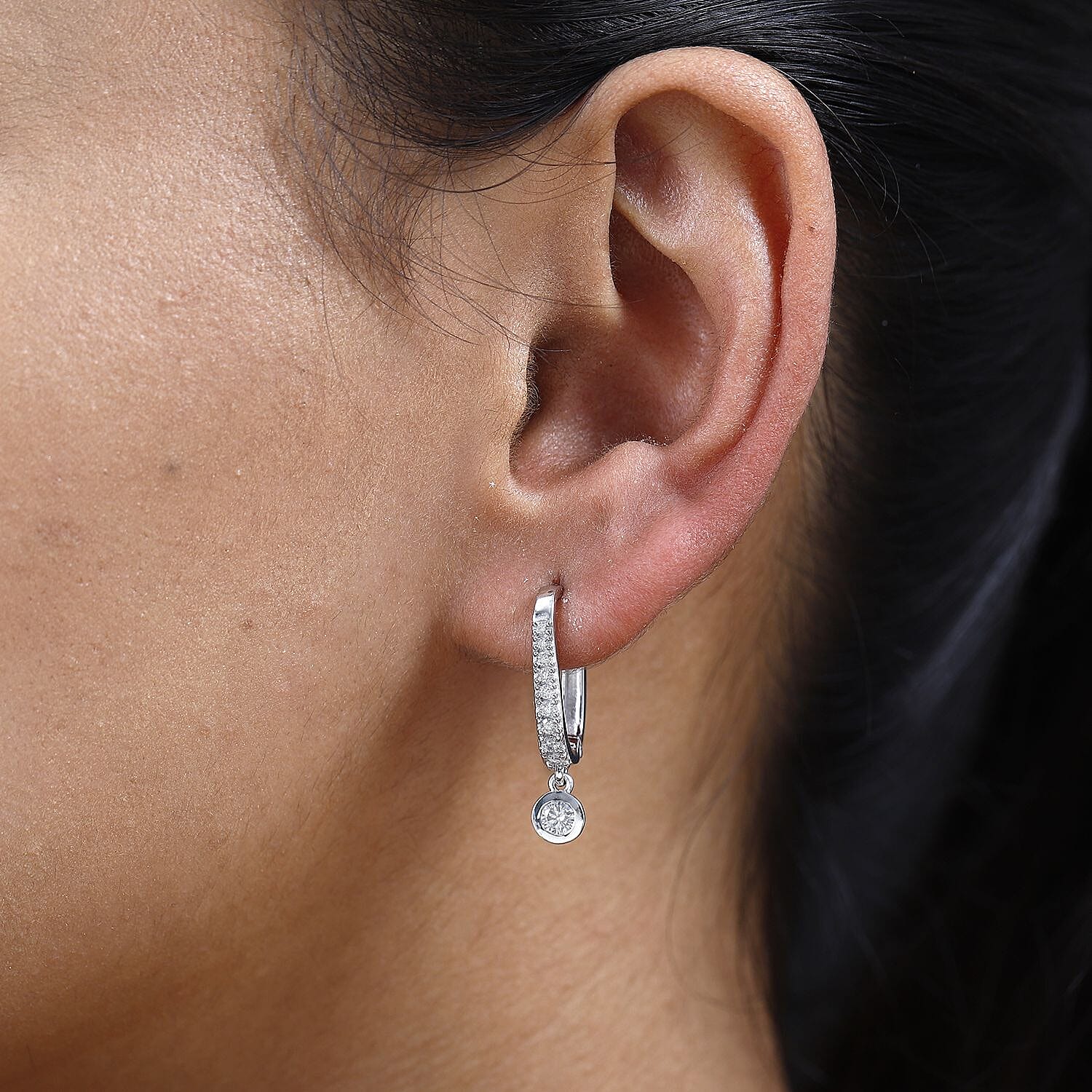 Moissanite Drop Dangle Hoop Earrings in Platinum Overlay Sterling Silver