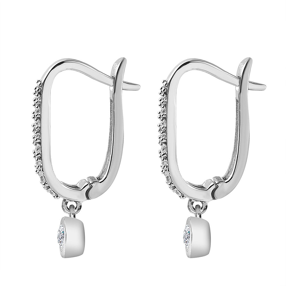 Moissanite Drop Dangle Hoop Earrings in Platinum Overlay Sterling Silver