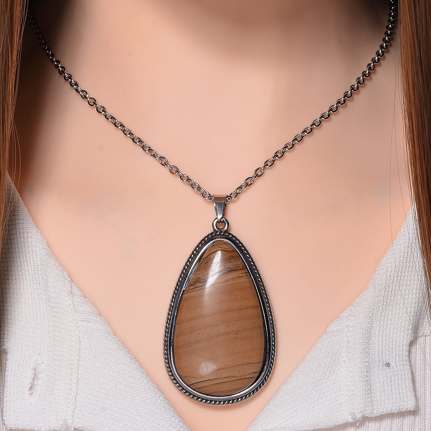 Picture Jasper Pear Necklace (Size - 24 - 4 Ext) with Lobster Clasp in Oxidized 40.00 Ct.