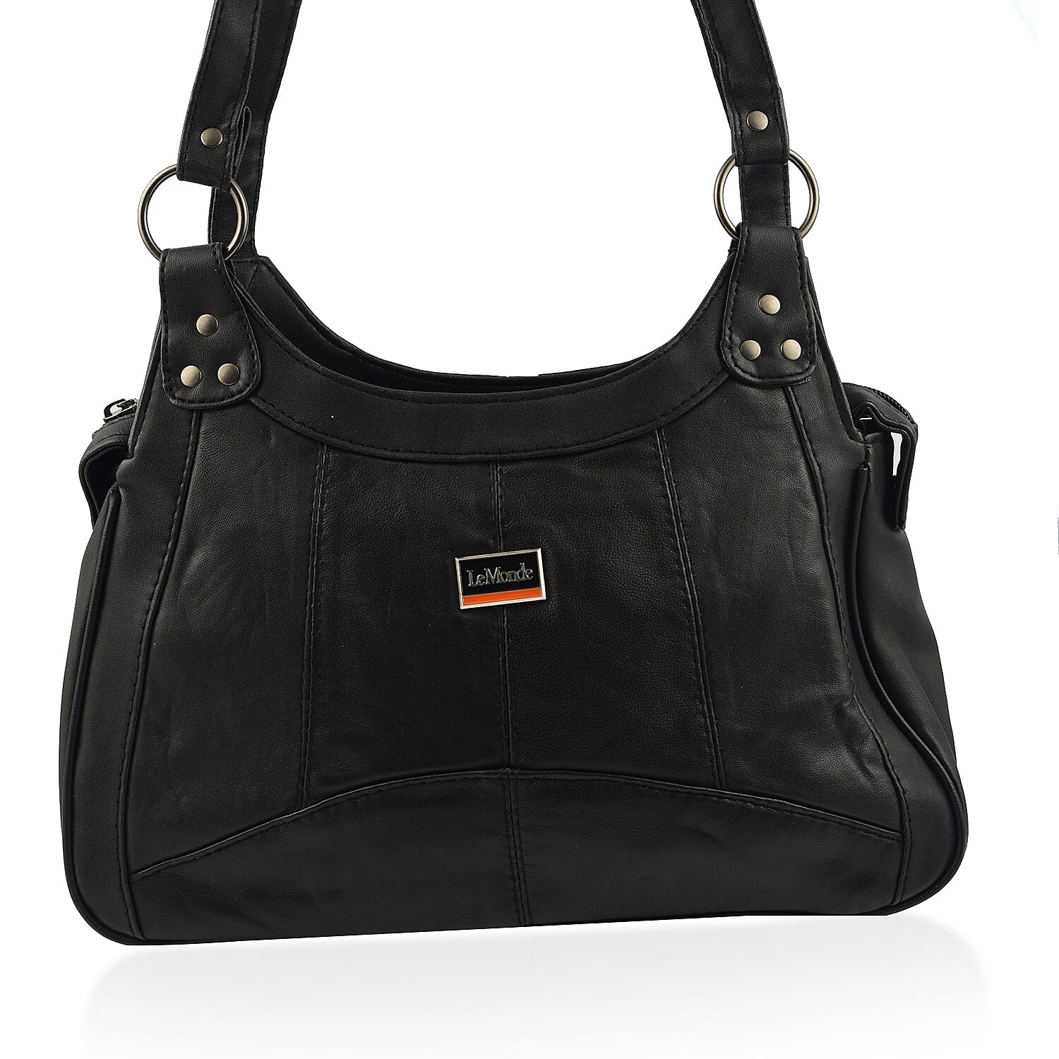 Le Monde Genuine Leather Ladies Tote Bag with Side Pocket & Handle Drop - Black