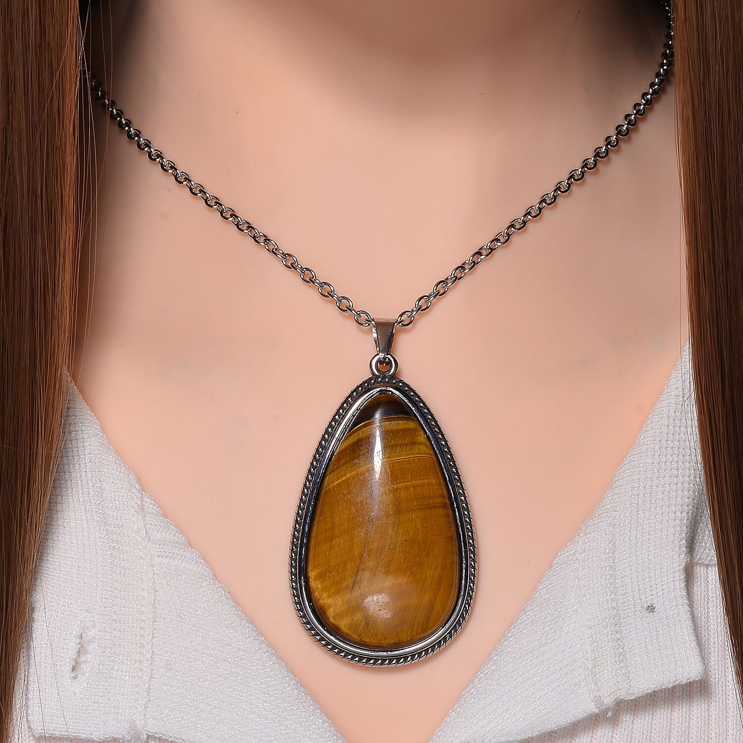 Yellow Tigers Eye Pear Necklace (Size - 24 - 4 Ext) with Oxidized