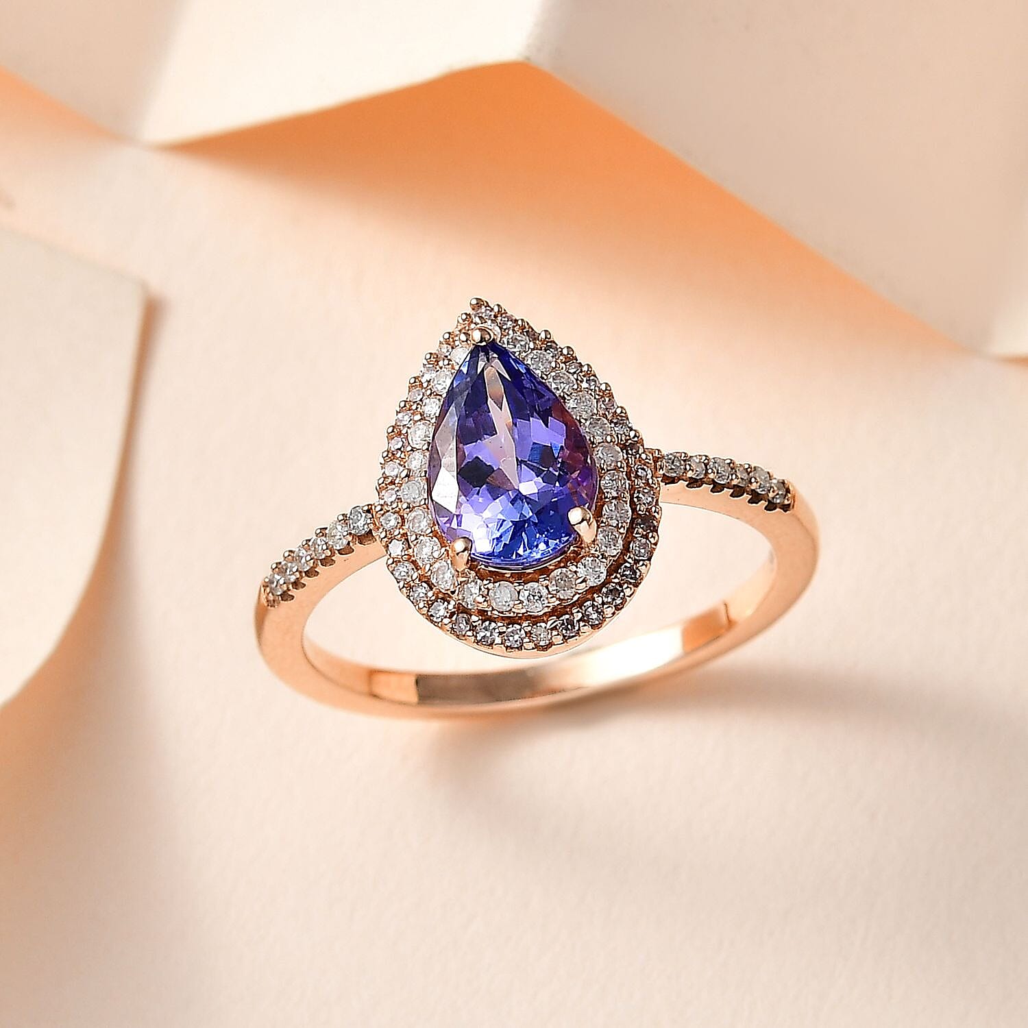 9K Rose Gold Premium Tanzanite, Pink Diamond and White Diamond Ring 1.5 Ct